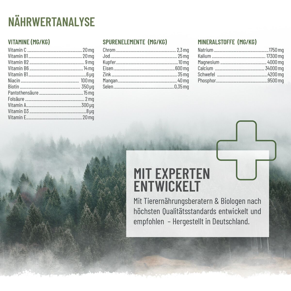 Nährwertanalyse und Spurenelemente. Text: Mit Experten entwickelt. Hergestellt in Deutschland. Hintergrund: Wald.