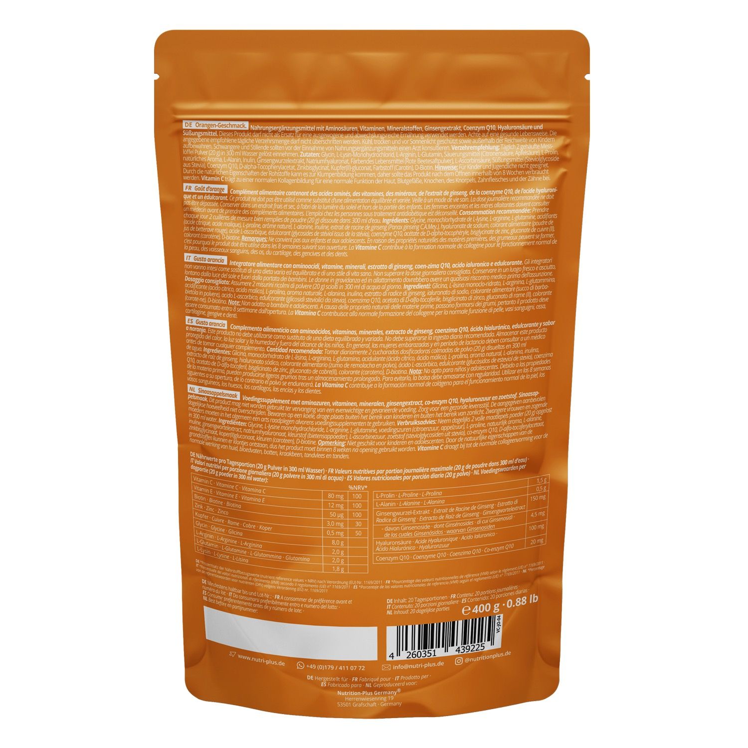 Rückseite eines Beutels nutri+ Vegan Collagen Formation Support Pulver mit Nährwertangaben und Text.