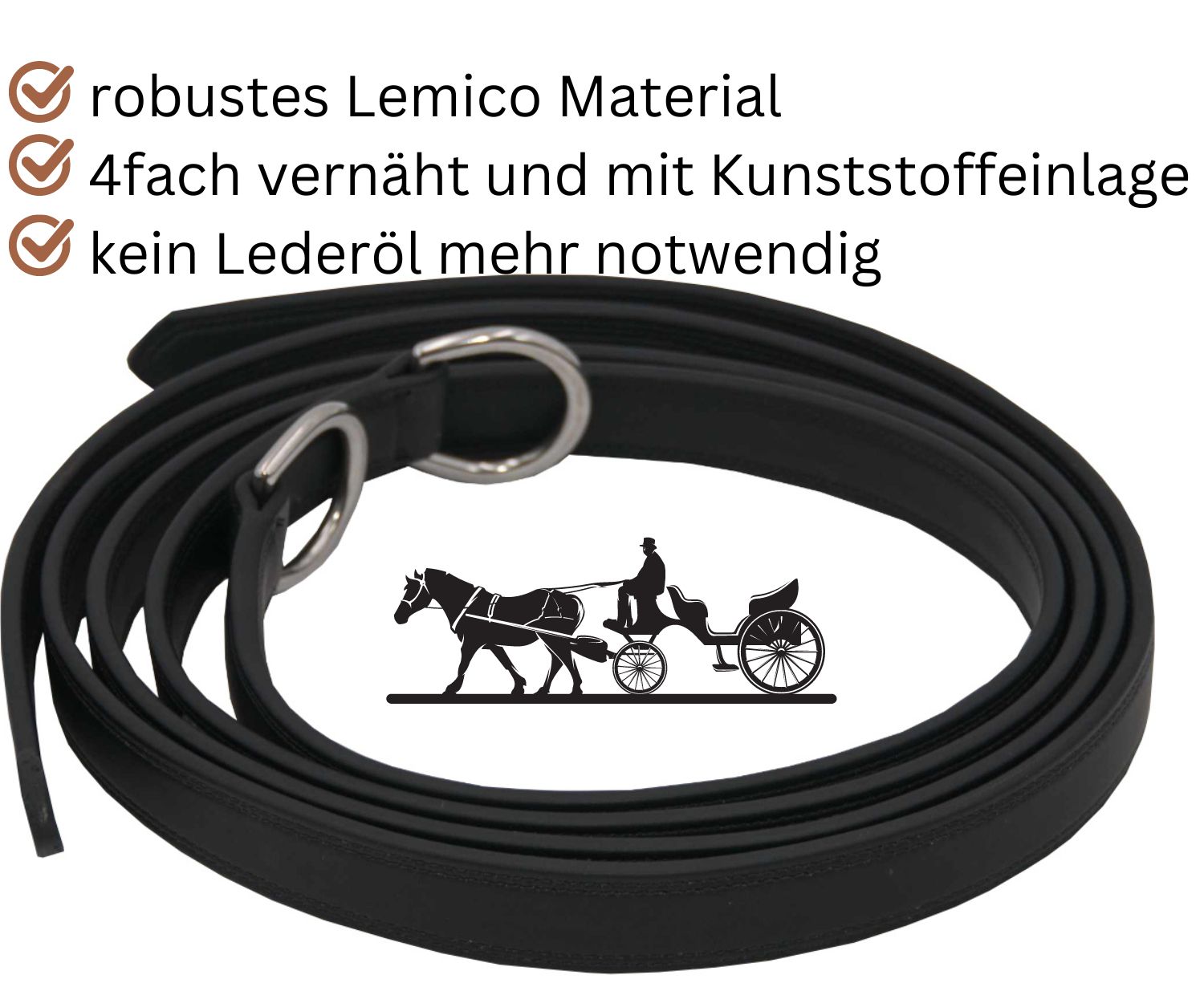 Schwarze Zugstränge mit Metallringen. Text: robustes Lemico Material, 4fach vernäht, keine Lederöl mehr nötig.