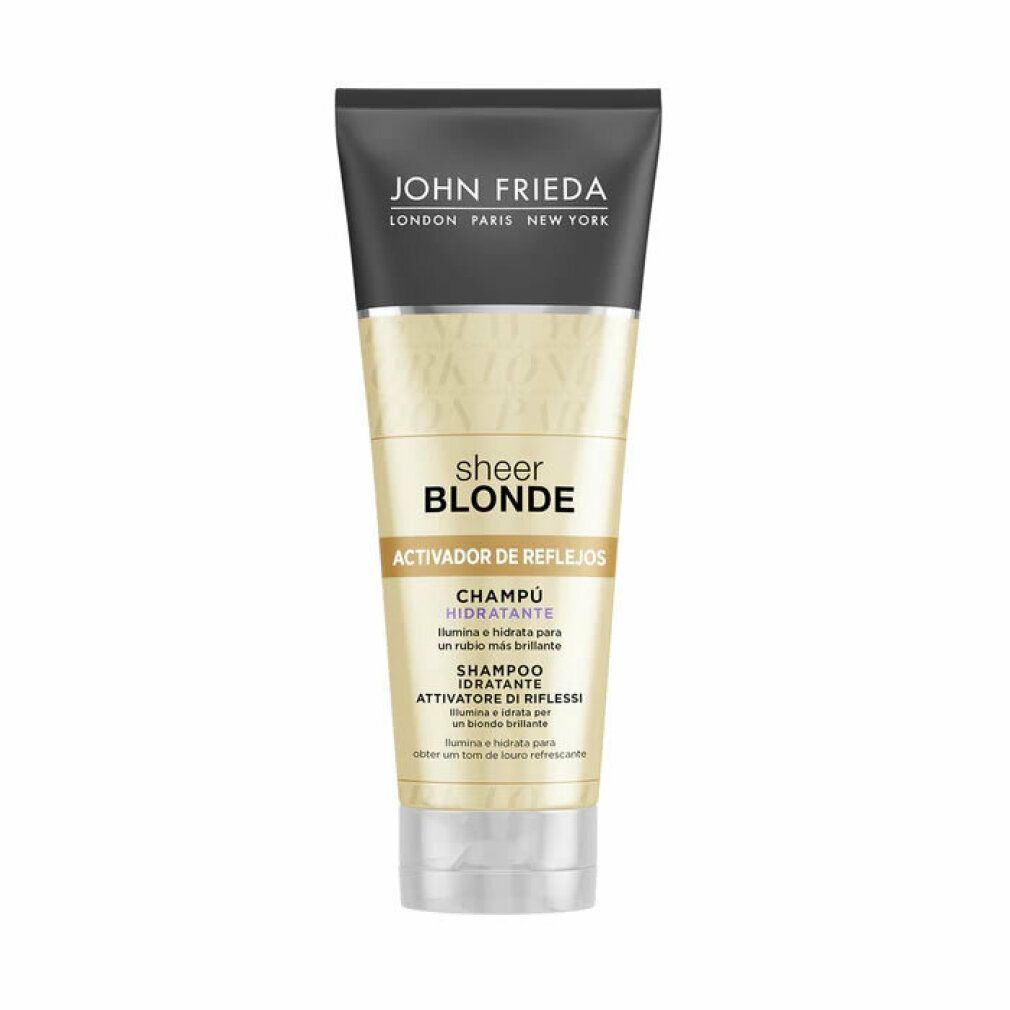 Shampoo-Tube von John Frieda Sheer Blonde. Schwarzer Deckel, goldfarbener Körper. Aufschrift: Activador de Reflejos Champú Hidratante.