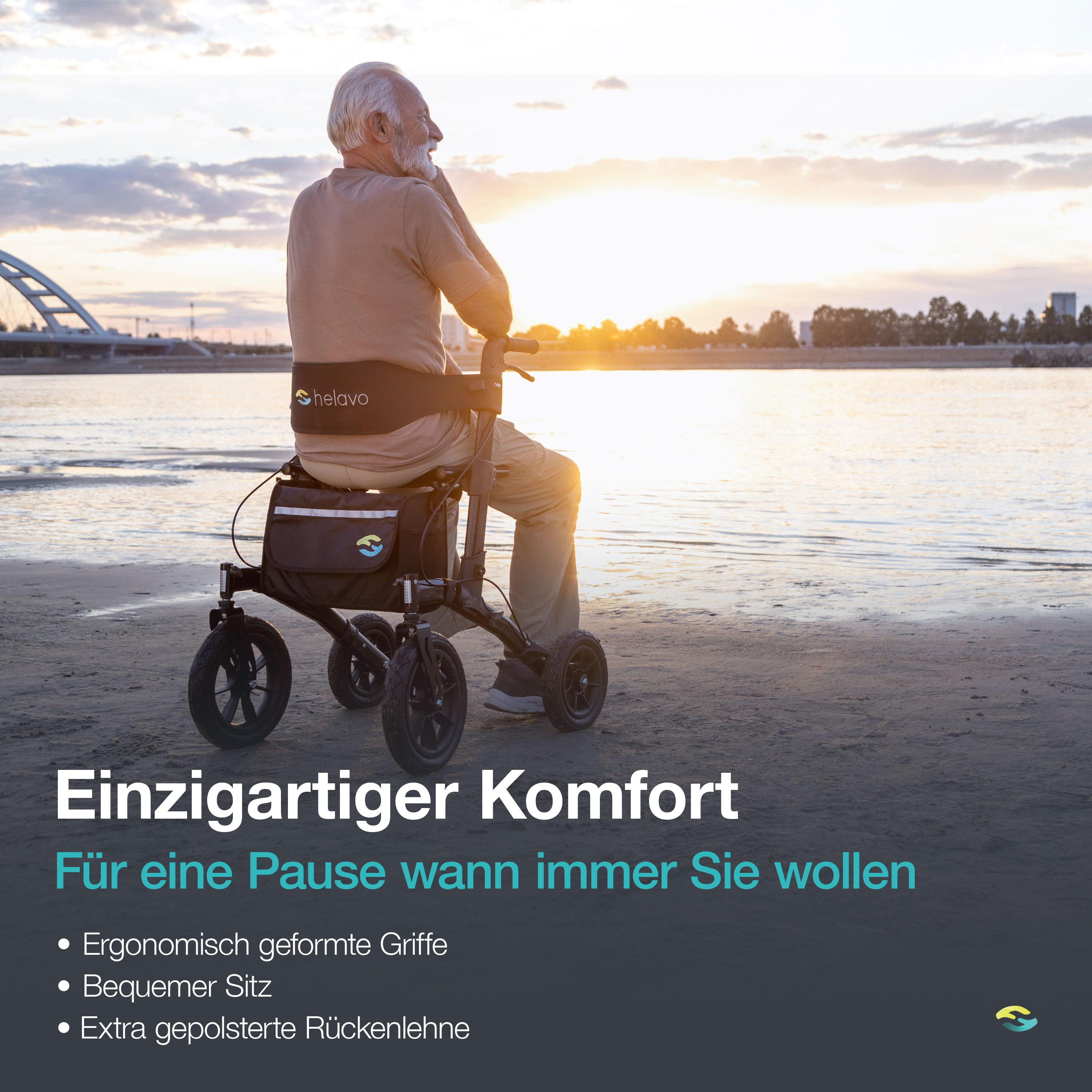 Mann sitzt auf Rollator mit gepolsterter Rückenlehne am Wasser.