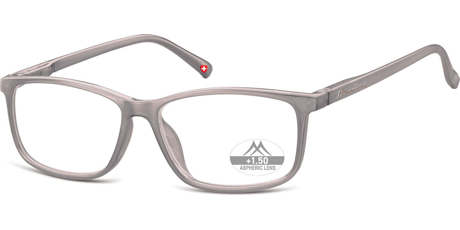 Graue Brille mit rechteckigen Gläsern. Auf einem Glas steht "+1.50 Aspheric Lens". Am Bügel ein rotes Kreuz.