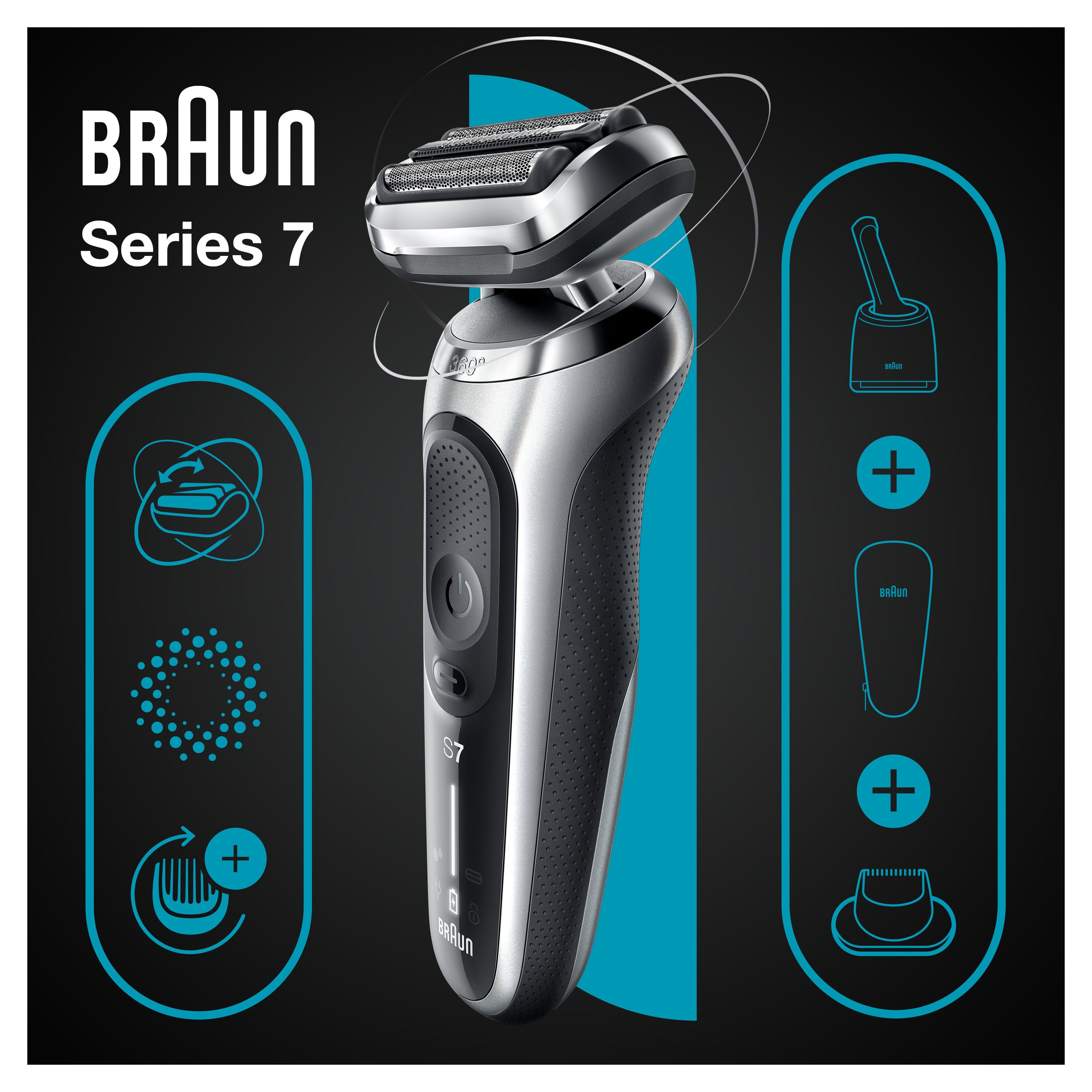 Silberner Elektrorasierer mit schwarzem Griff. Braun Series 7. Zubehör-Icons. Schwarzer Hintergrund.