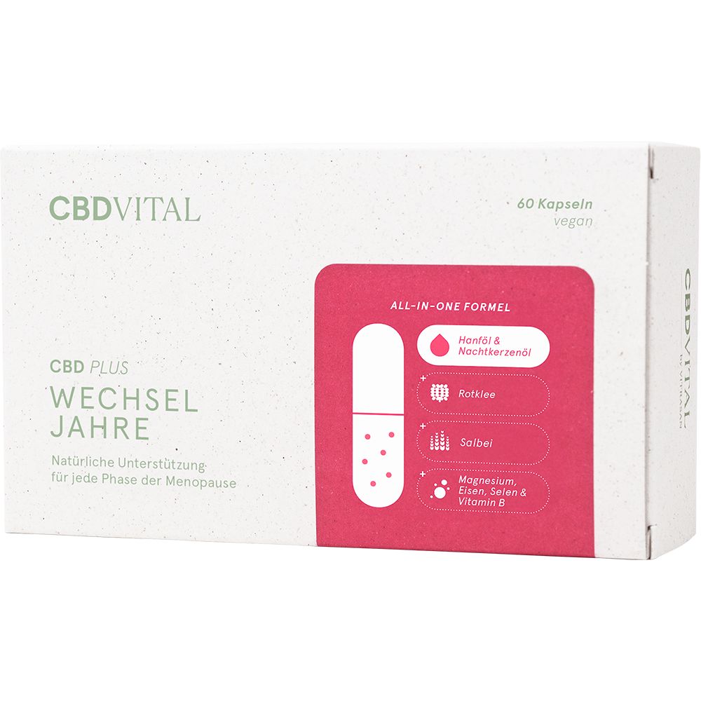 Kapselpackung mit CBD Vital Logo. Enthält 60 vegane Kapseln. Rote Verpackung mit Produktinformationen und Inhaltsstoffen.