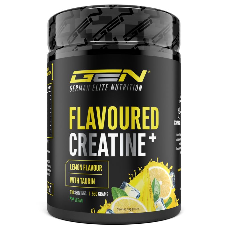 Schwarze Dose mit "FLAVOURED CREATINE+" Aufschrift. Gelbes Etikett mit Zitronen-Motiv. "Lemon Flavour" und "Vegan" Text.