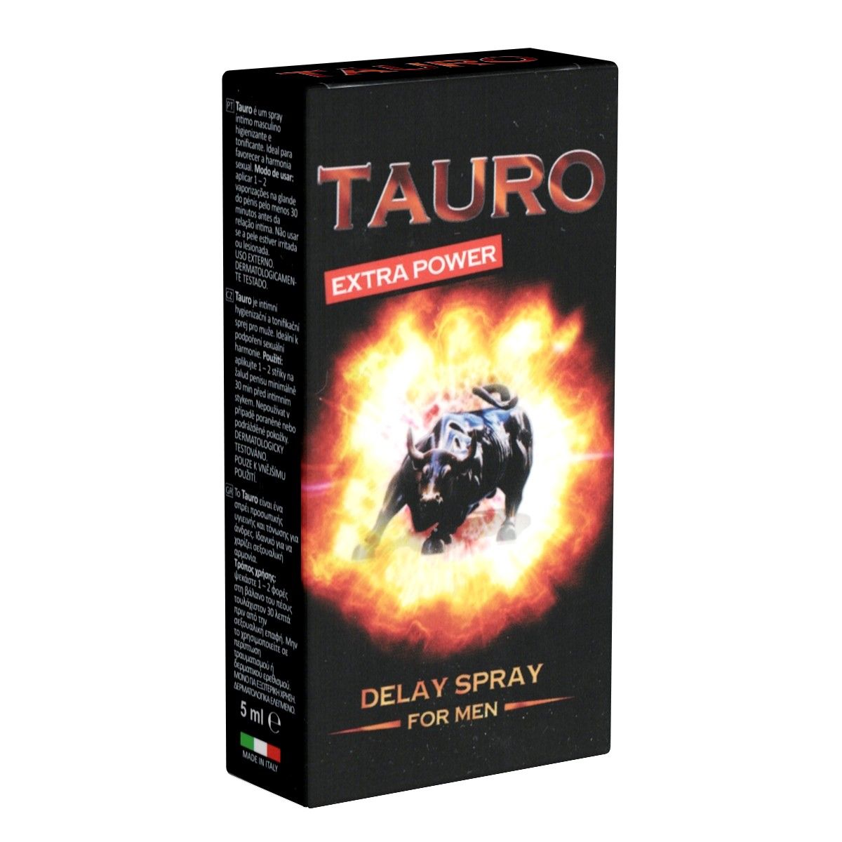 Schwarze Schachtel. "TAURO EXTRA POWER"-Logo. Abbildung eines Stiers in Flammen. "DELAY SPRAY FOR MEN". 5ml.