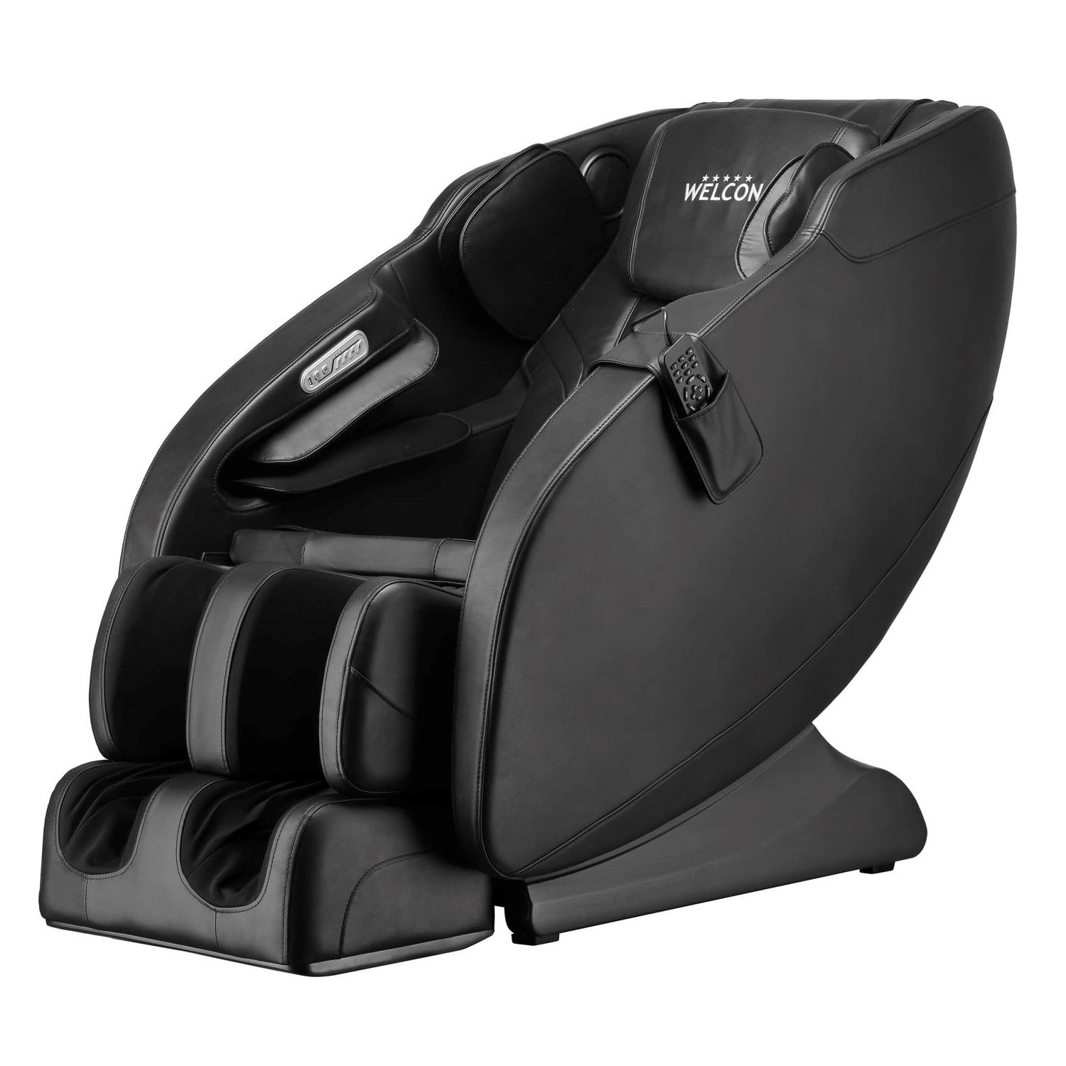 Schwarzer Massagesessel. Integrierte Armlehnen, Fußstütze und Kopfstütze. Steuerung an der Seite. WELCON-Logo.