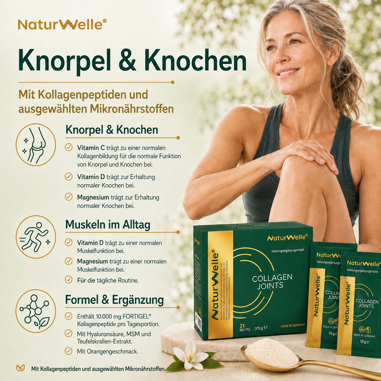 NaturWelle Collagen Joints: Produktverpackung, Einzelbeutel, Glas mit Getränk und Schale mit Pulver.