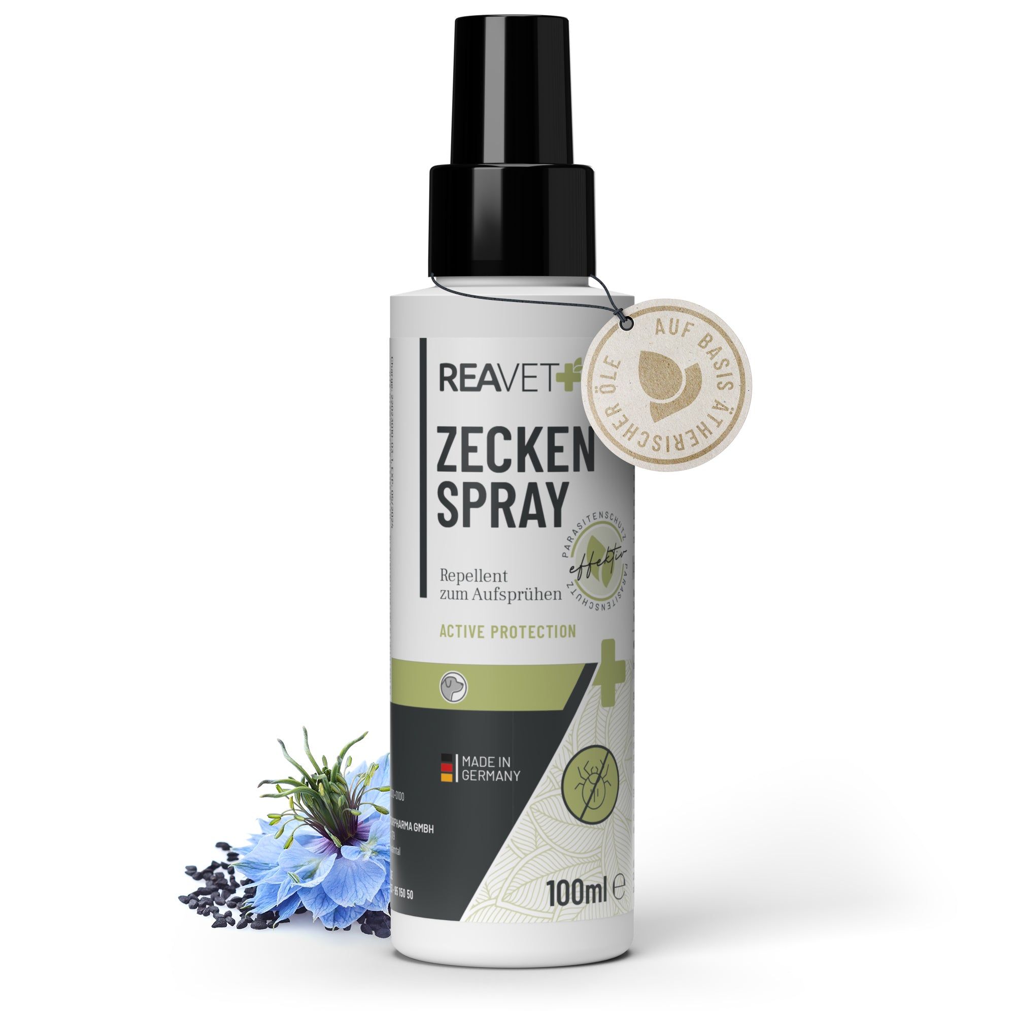 ReaVET Zeckenspray Flasche mit Sprühkopf und Anhänger. Aufschrift: Zeckenspray, Active Protection, 100ml.