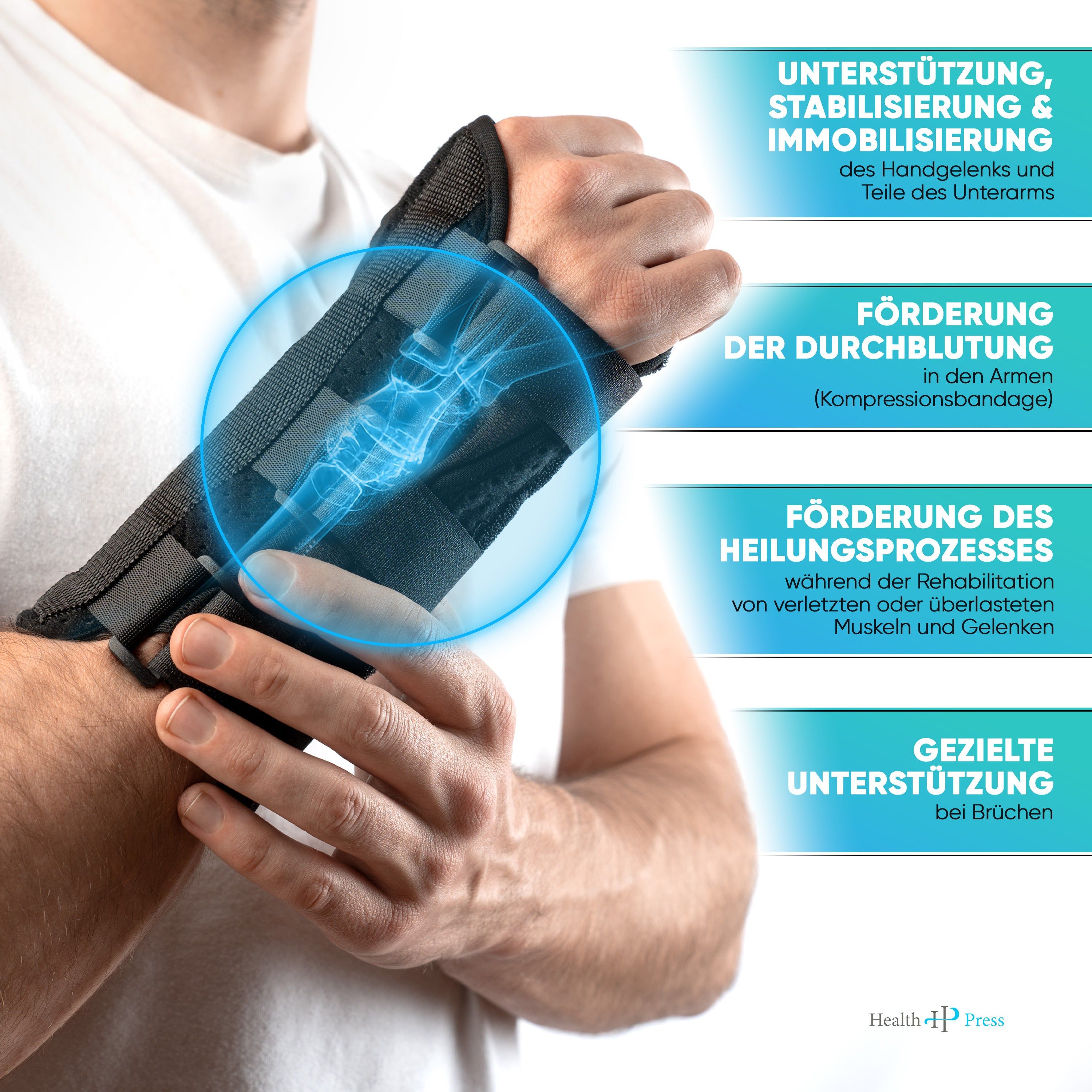 Person mit Handgelenkbandage. Blaue Hervorhebung der Handgelenksanatomie. Text: Unterstützung, Stabilisierung & Immobilisierung.