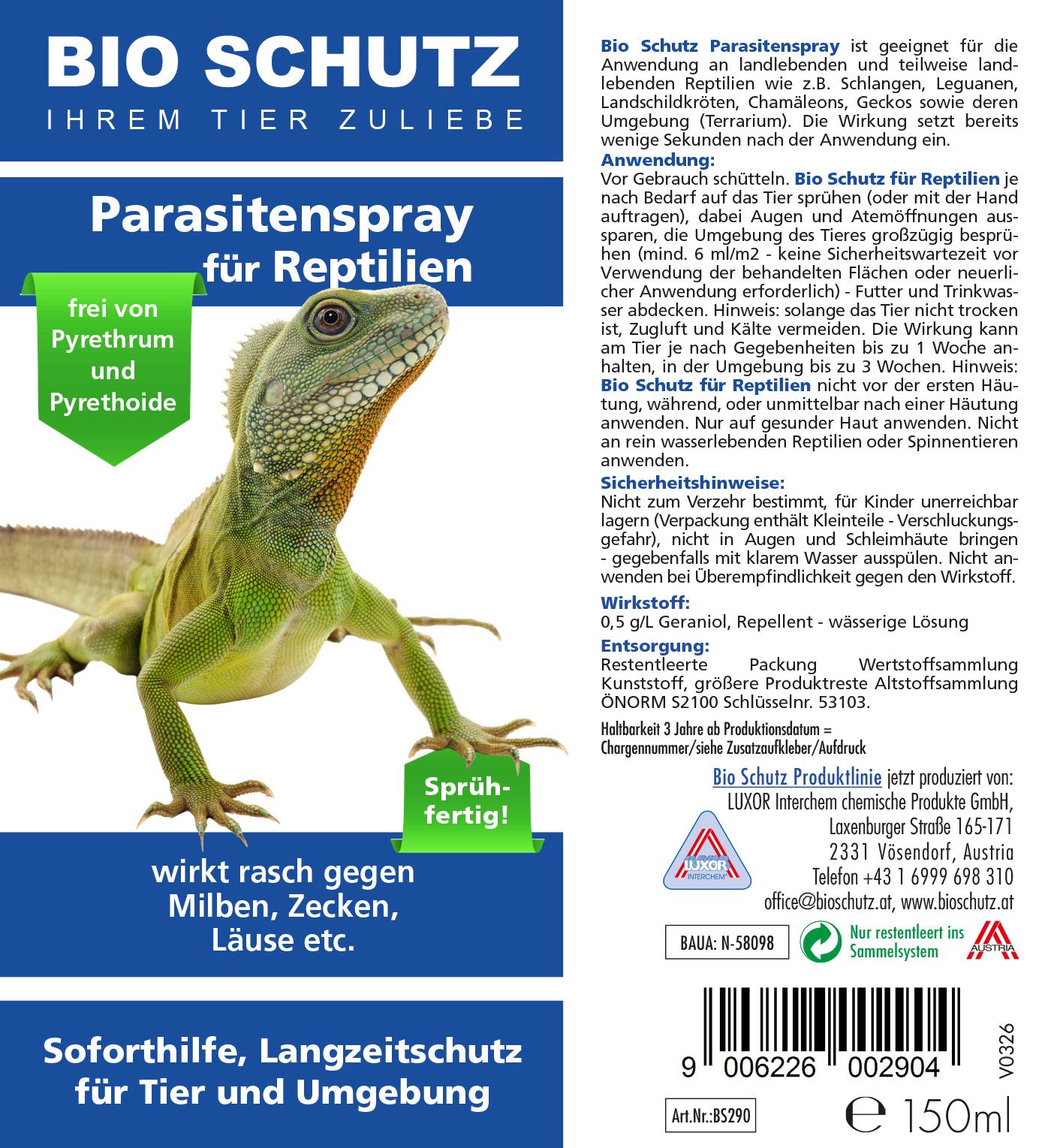 Etikett mit Text: Bio Schutz Parasitenspray für Reptilien. Abbildung einer grünen Echse. Enthält Informationen und Anwendungshinweise.