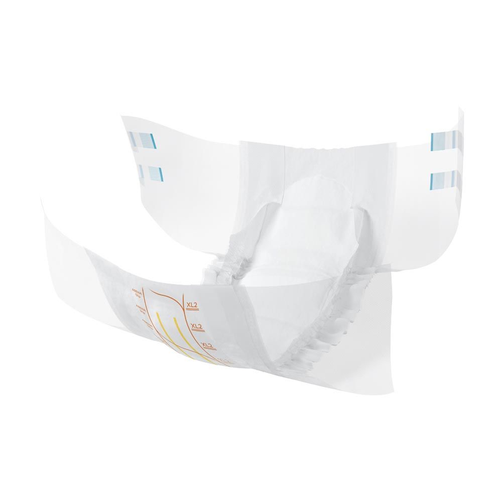 Offene ABENA Slip Premium XL2. Weiße Inkontinenzvorlage mit blauen und gelben Markierungen. Offene Flügel und Innenansicht.