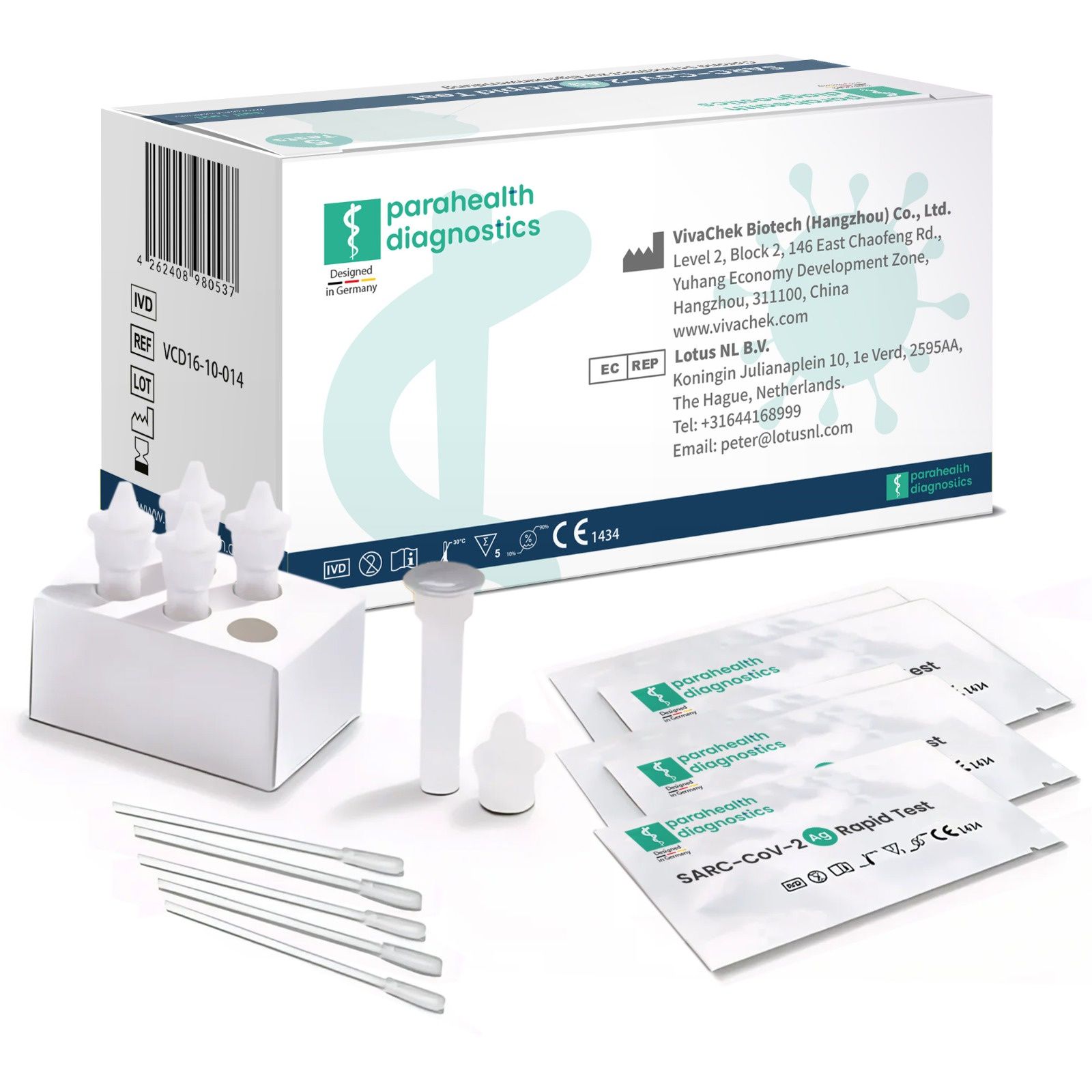 Verpackung des parahealth Corona Tests. Enthält Testkits, Behälter, Tupfer und Teststreifen. Weißes Design mit blauen Akzenten.