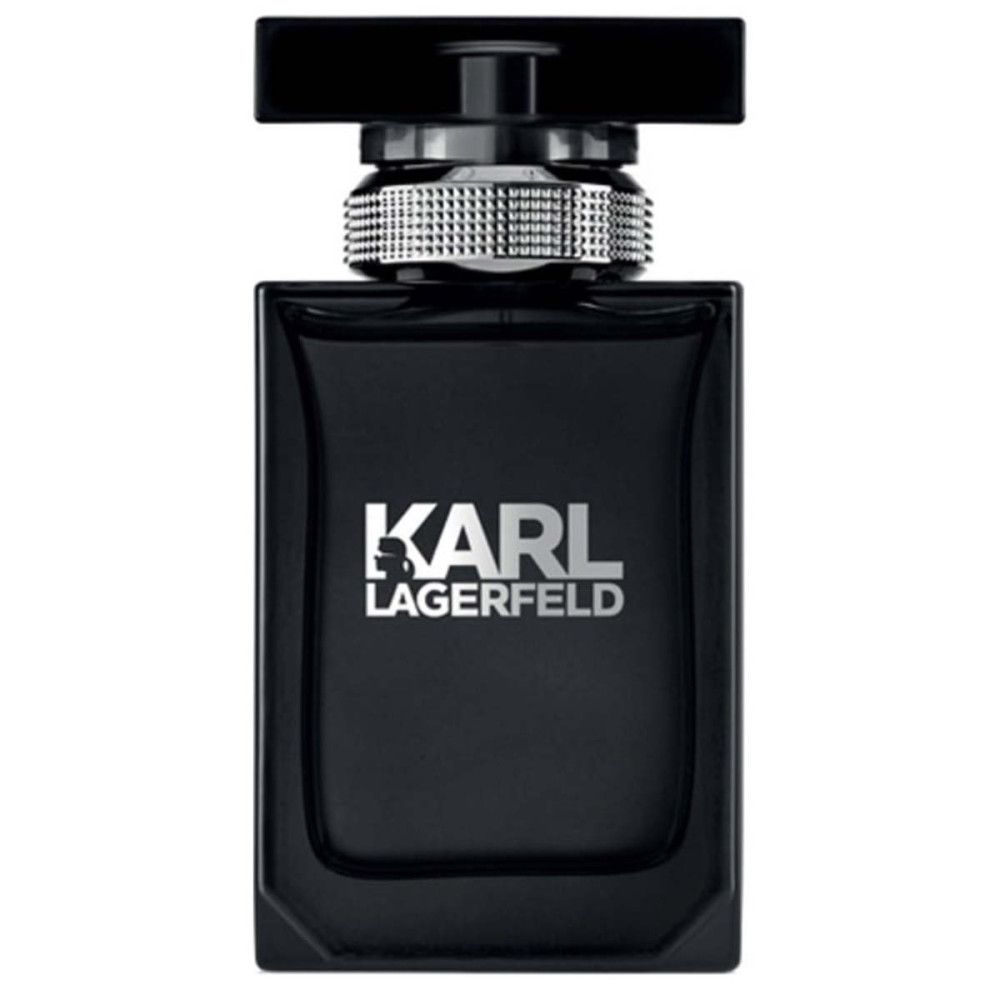 Schwarzer Flakon mit silbernem Verschluss. Aufschrift: KARL LAGERFELD.