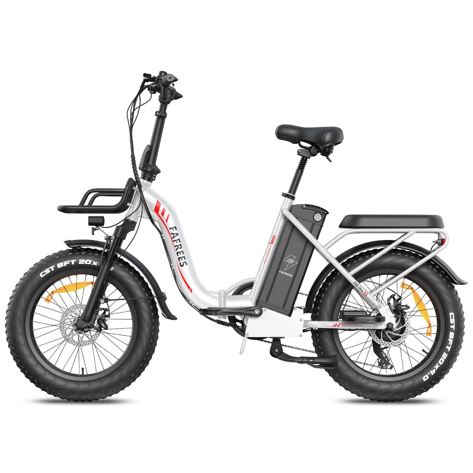 Falt-E-Bike mit weißem Rahmen, schwarzem Sattel und Reifen. FAFREES-Logo sichtbar. Gepäckträger.