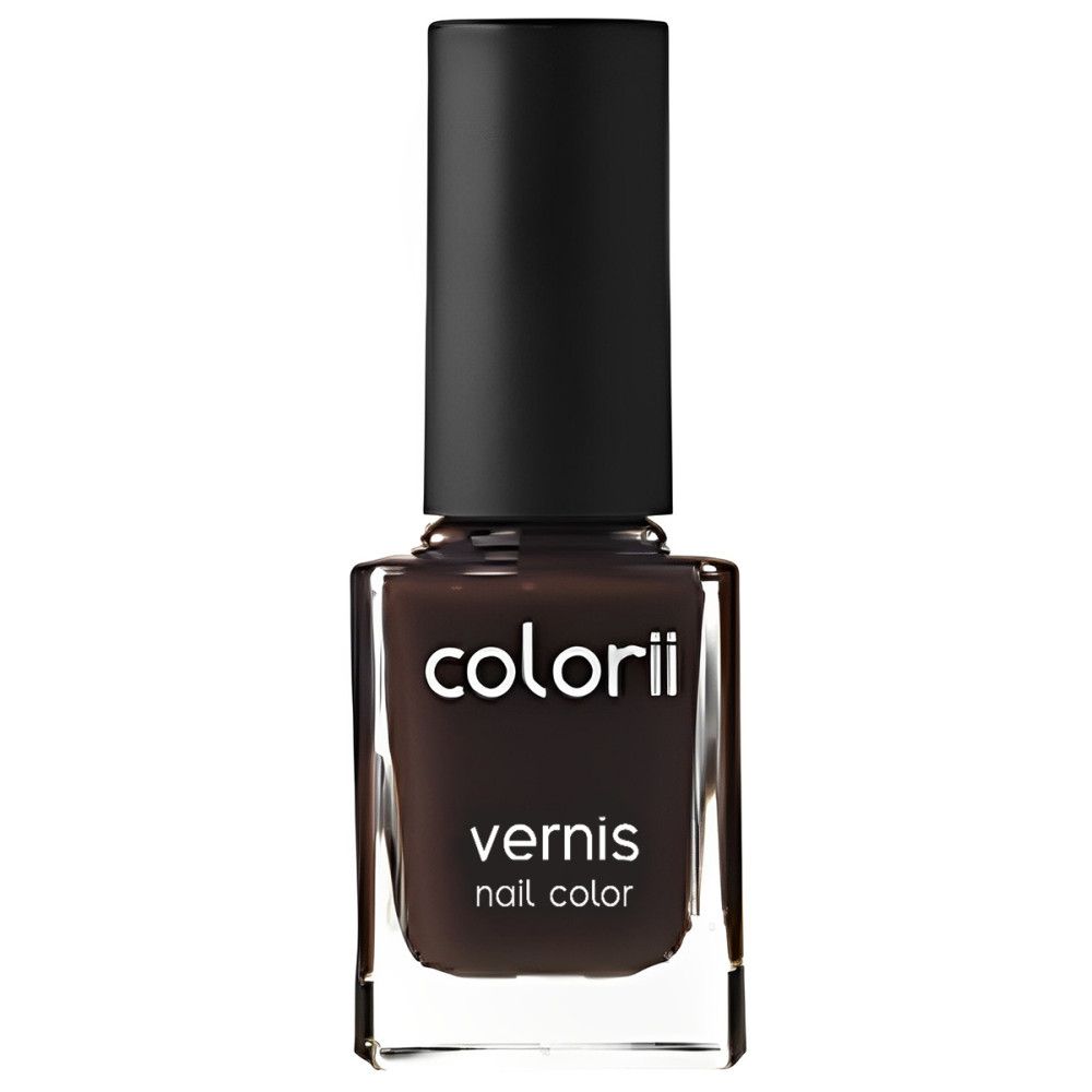 Nagellackflasche mit brauner Farbe. Schwarzer Deckel. Aufschrift: colorii, vernis, nail color.
