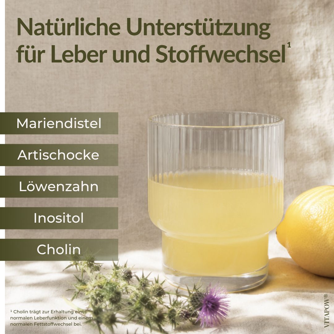 Schritte zur Zubereitung von Leber Komplex: Messlöffel, Wasser, umrühren, genießen.