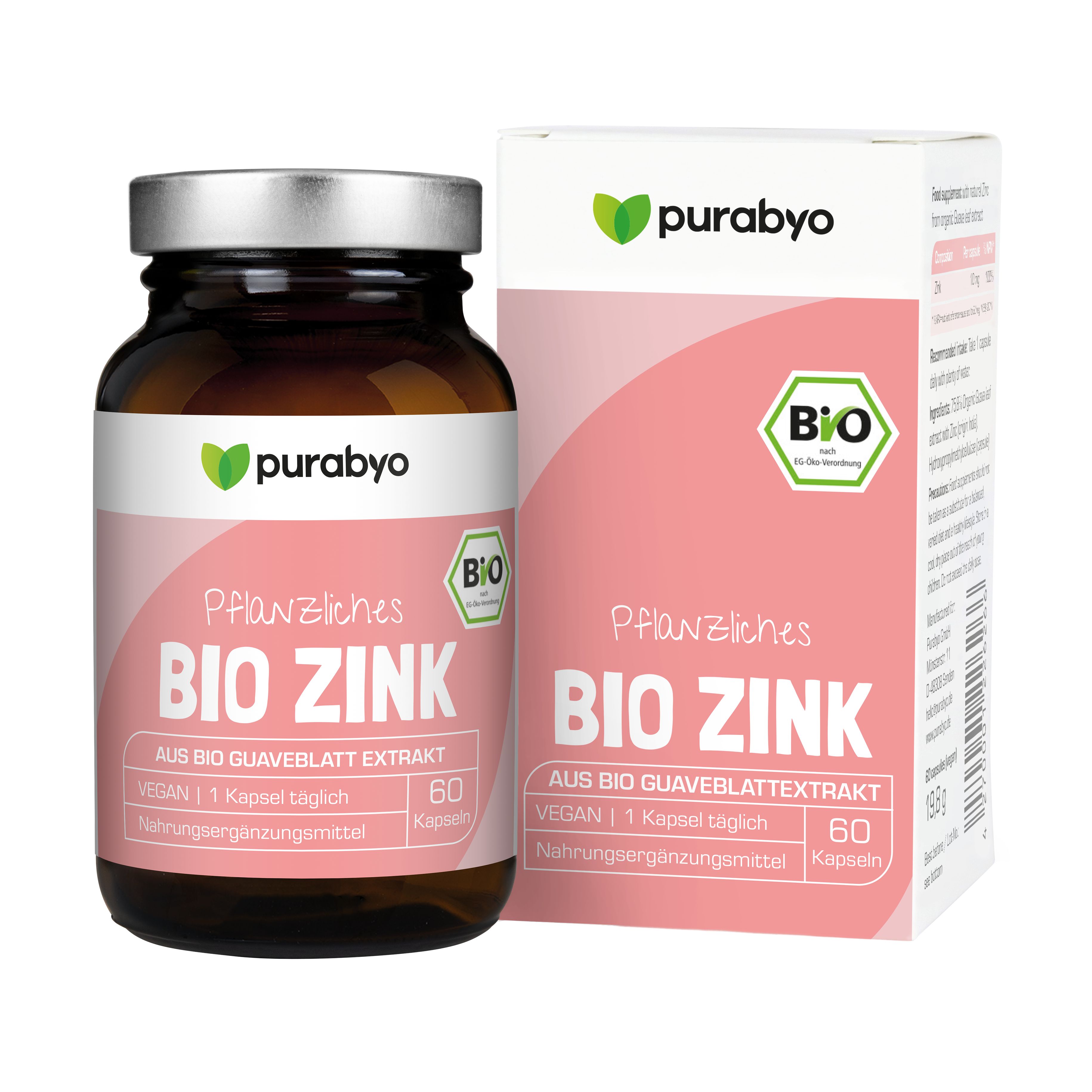 Verpackung und Flasche mit purabyo Bio Zink Kapseln. 60 Kapseln. Vegan. Aus Bio Guavenblatt Extrakt. Nahrungsergänzungsmittel.