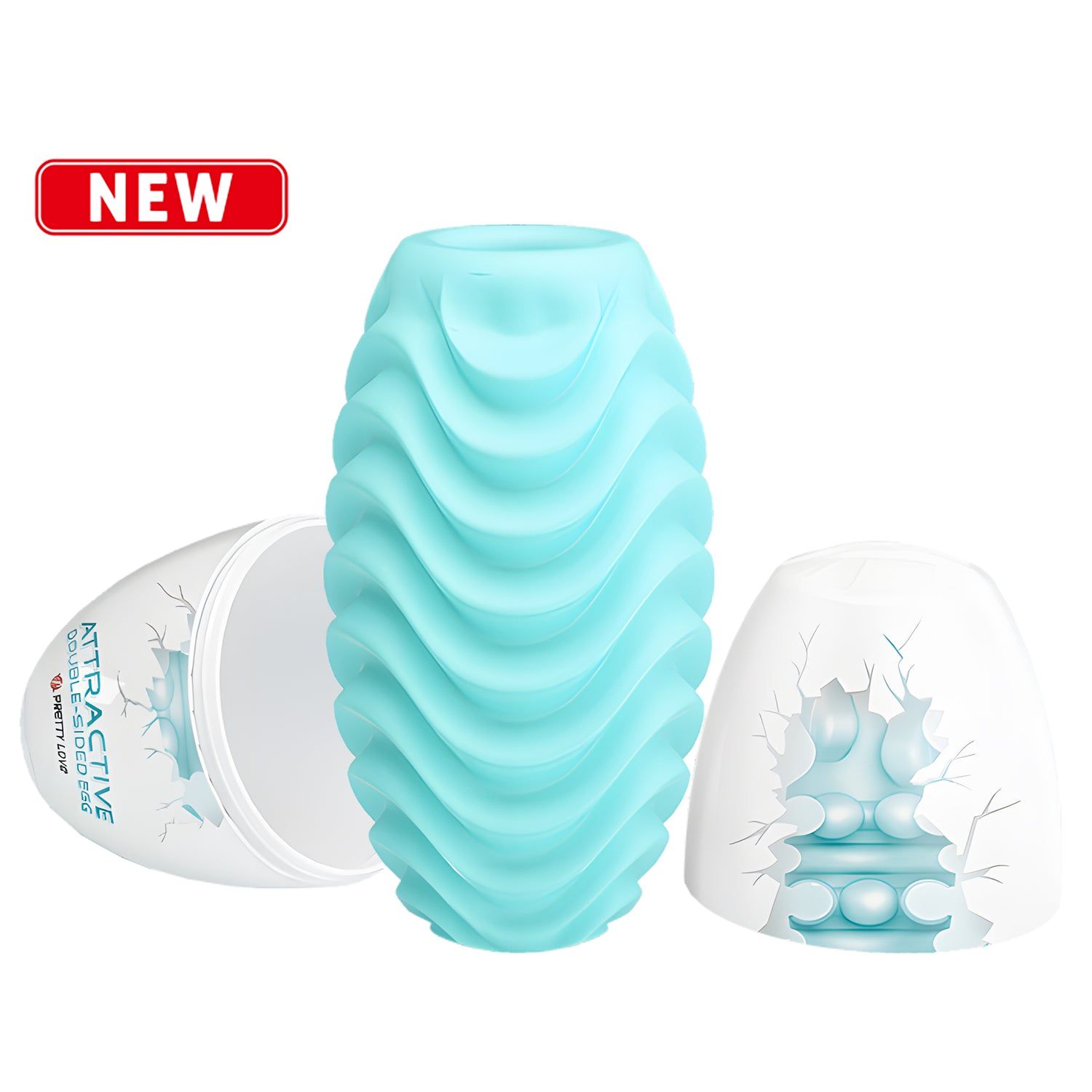 Hellblaues, eiförmiges Produkt mit gewellter Oberfläche. Mit Deckel. Aufschrift: ATTRACTIVE DOUBLE-SIDED EGG, PRETTY LOVE. NEW-Label.