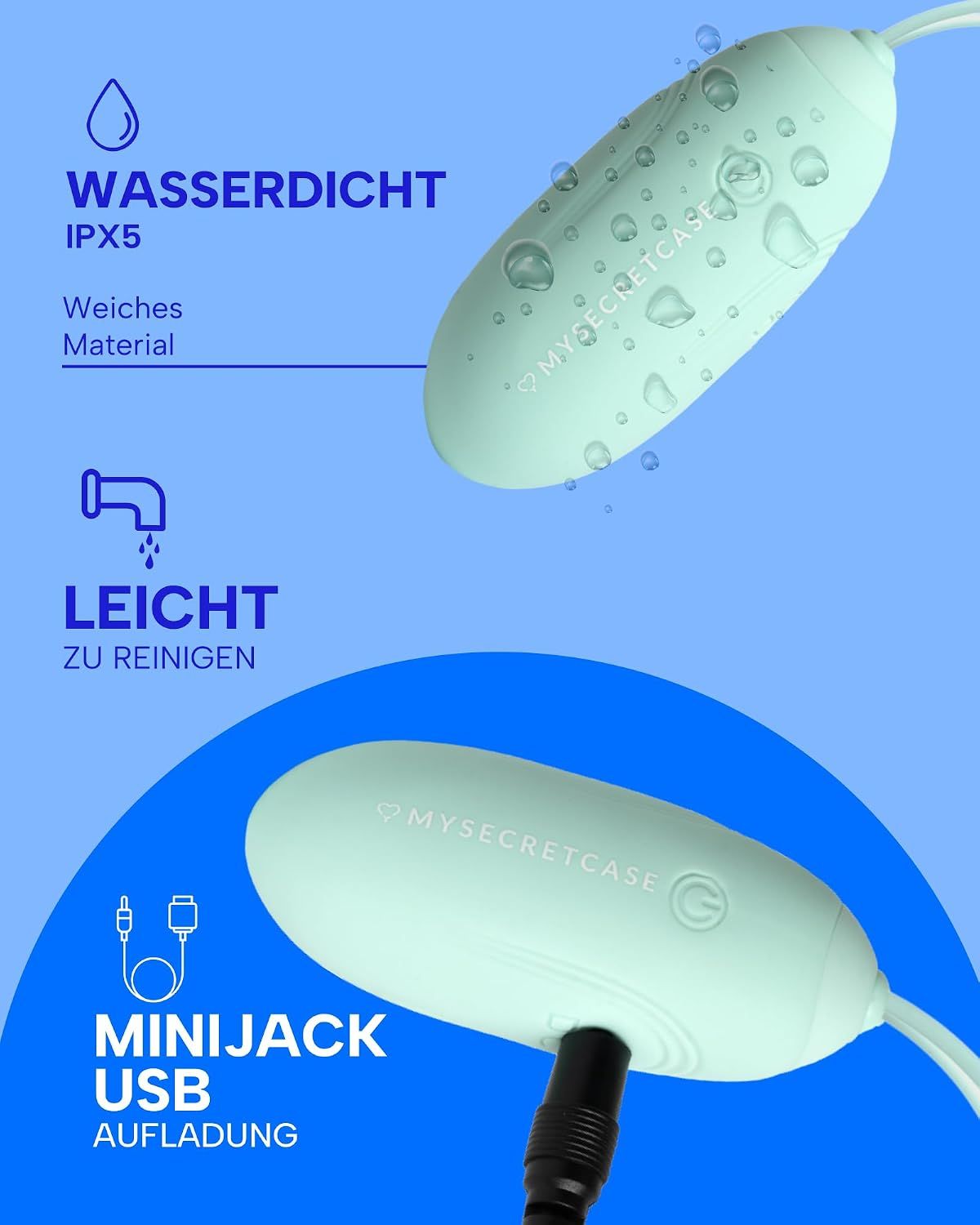Hellgrüner Vibrator mit der Aufschrift 'MYSECRETCASE', 7 cm lang, 2,8 cm Durchmesser.
