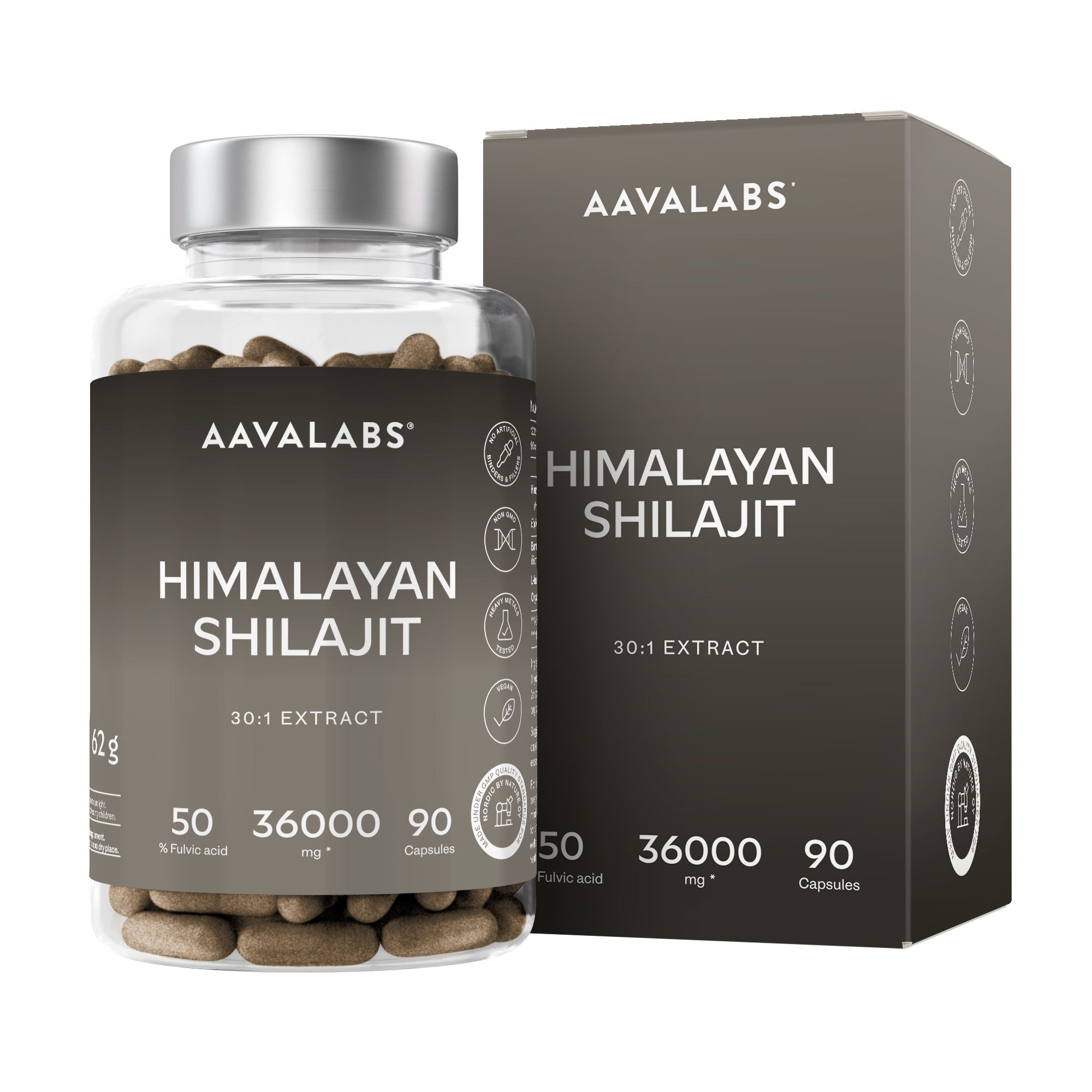 Kapsel-Flasche und Schachtel. Aufschrift: AAVALABS, Himalaya Shilajit, 30:1 Extrakt. Enthält 50% Fulvinsäure.