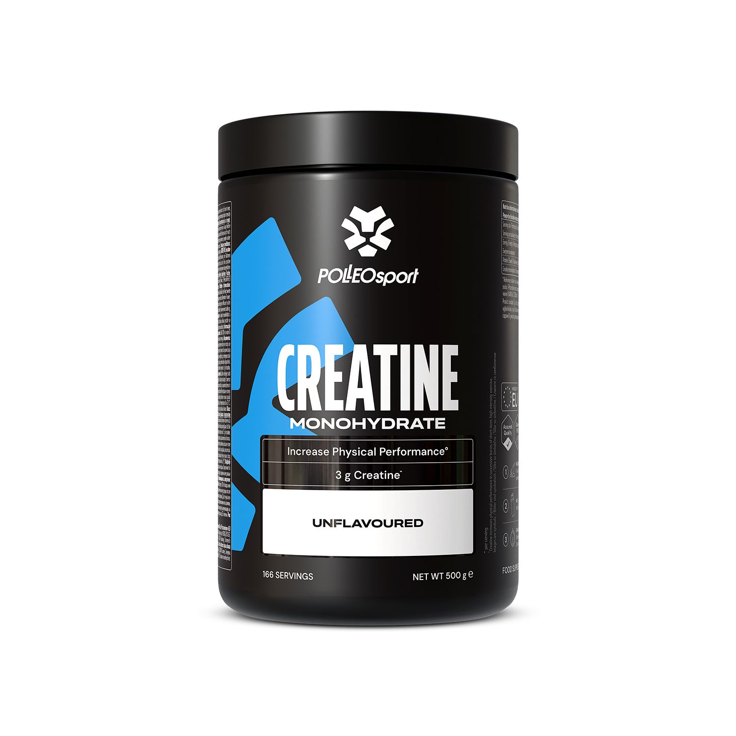 Schwarze Dose mit blauem Logo und Schriftzug Creatine Monohydrate. Aufschrift: POLLEOsport, unflavored. Nettoinhalt 500g.