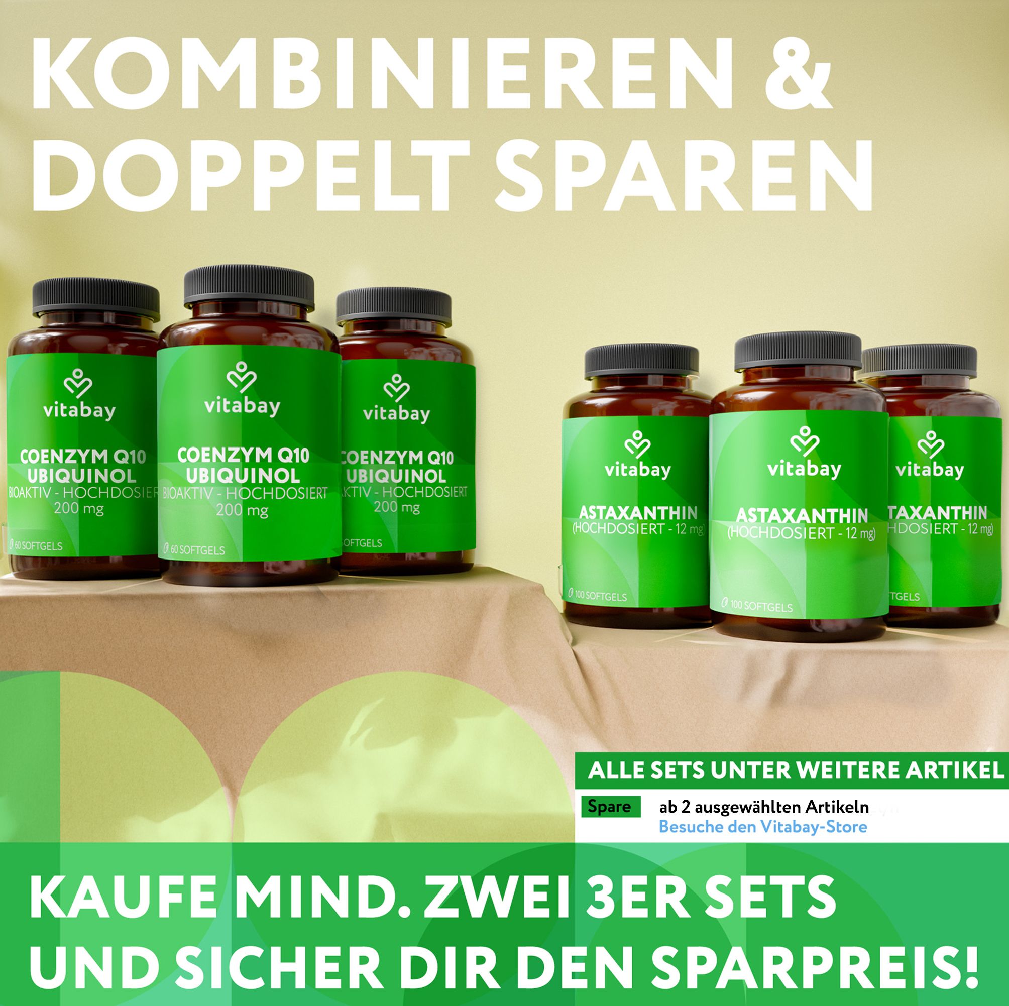 Vitabay: Flaschen von Coenzym Q10 und Astaxanthin, Kombinieren & Sparen.