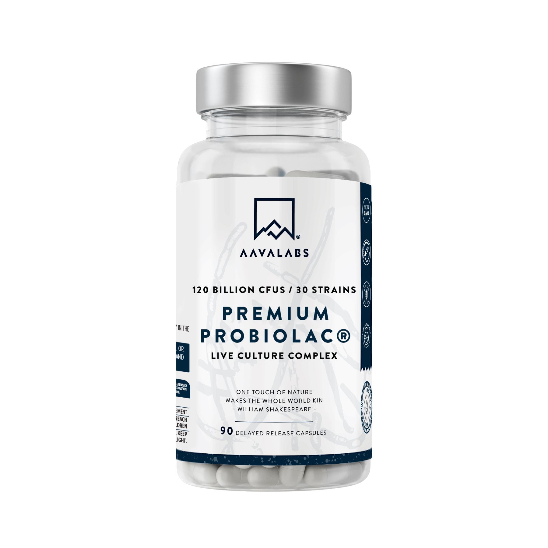 Aavalabs Premium Probiolac: Flasche mit 90 Kapseln. 120 Milliarden KBE, 30 Stämme, Live Culture Complex.