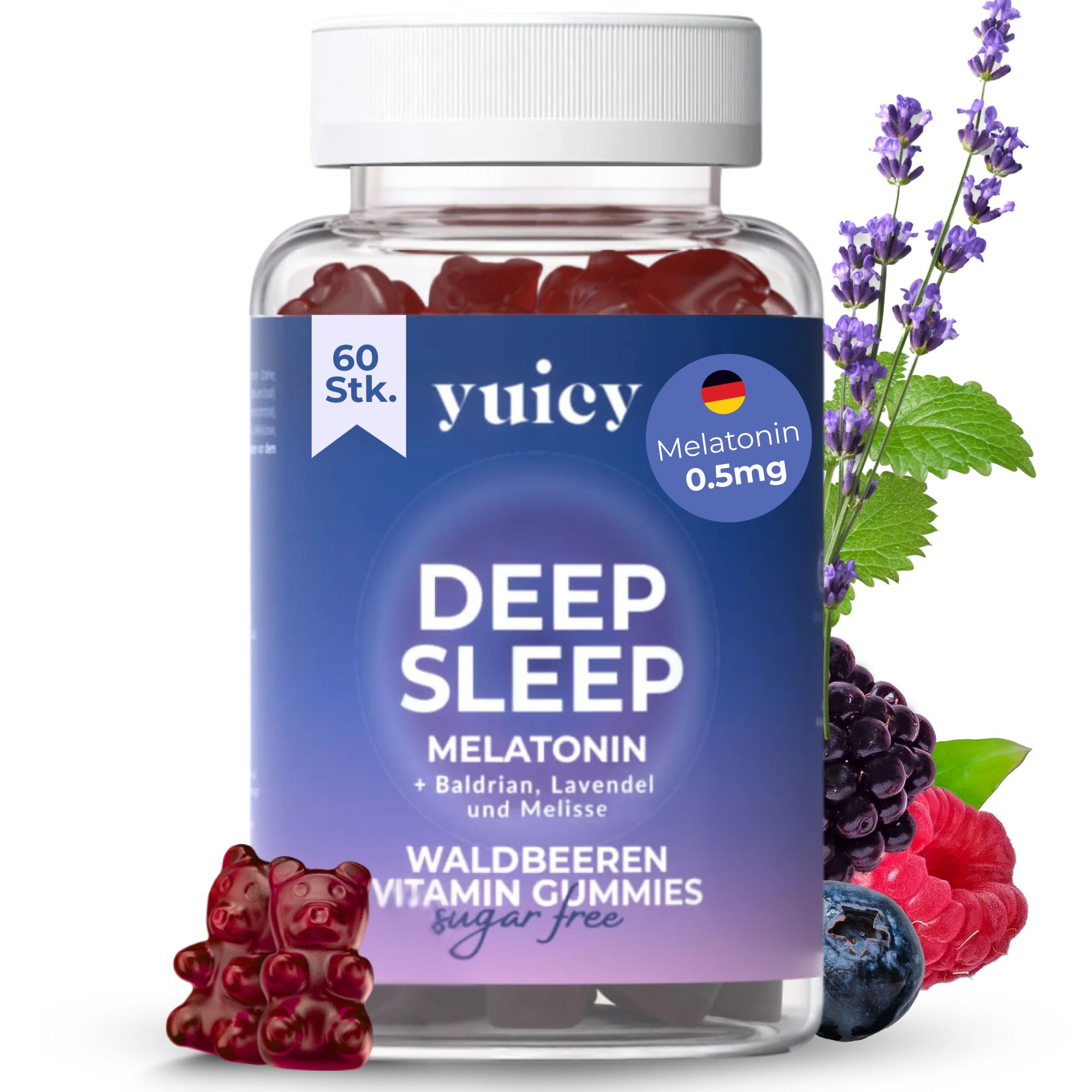 Glas mit yuicy® Deep Sleep Gummies. Rote Gummibärchen, Lavendel, Beeren. Aufschrift: Melatonin 0,5mg, 60 Stk.