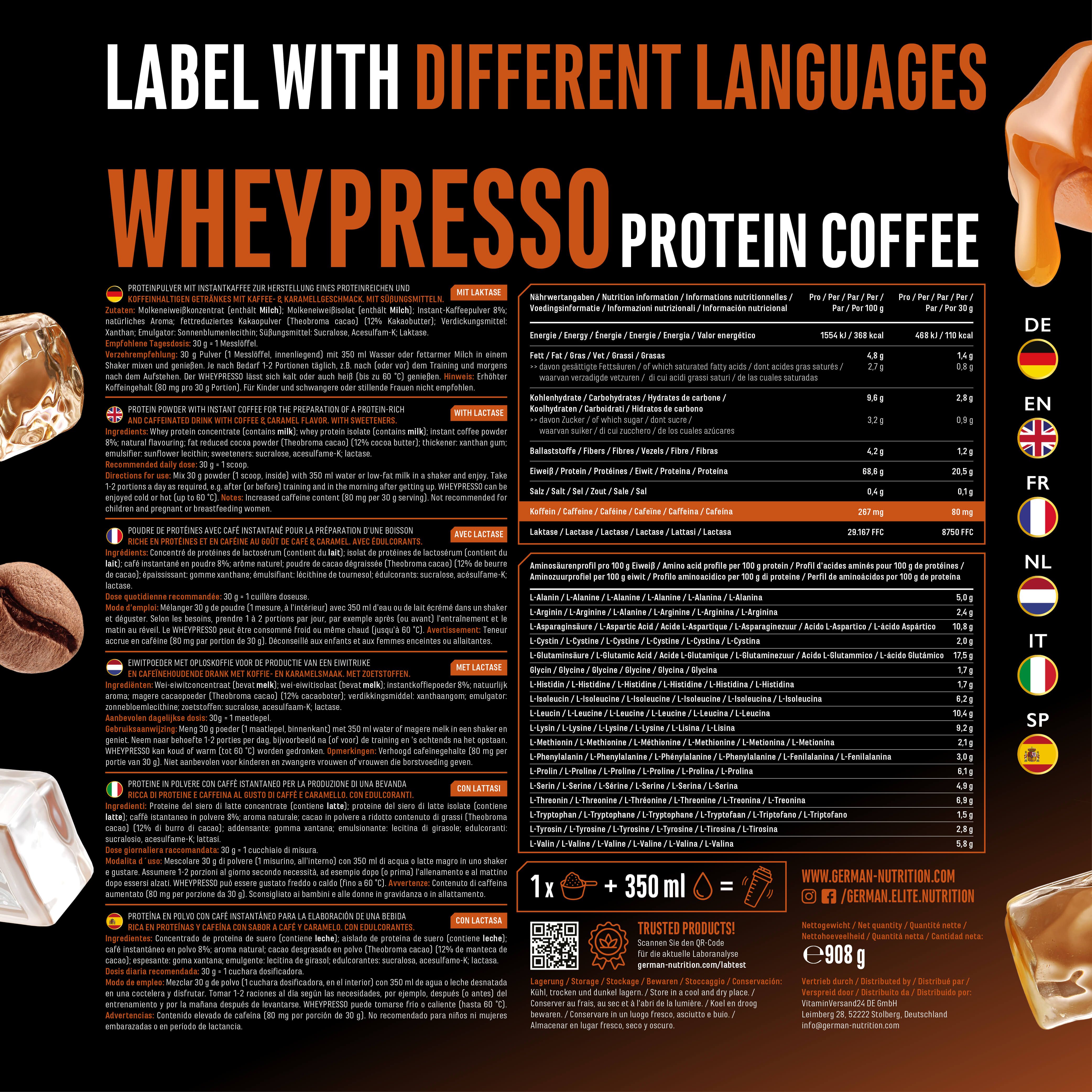 Rückseite der Produktverpackung mit Informationen in verschiedenen Sprachen. Enthält Nährwertangaben und Zubereitungshinweise.