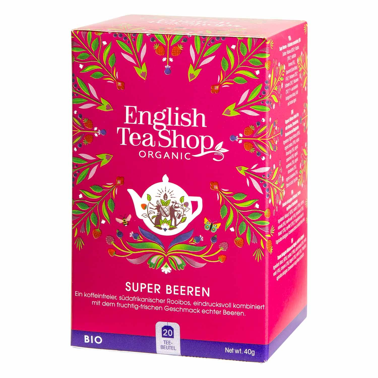 Rosa Verpackung mit "English Tea Shop Organic". "Super Beeren"-Text. 20 Teebeutel. Bio-Siegel. Netto 40g.