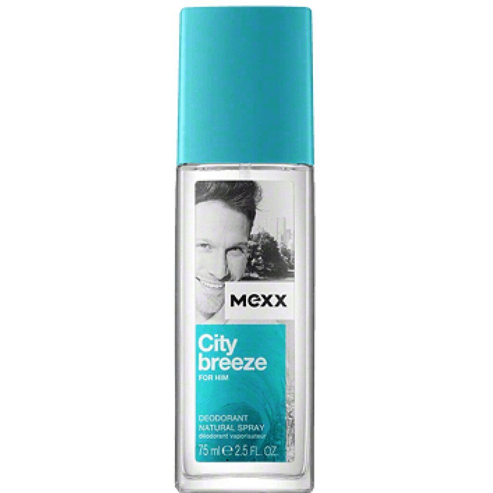 Deodorant-Spray mit blauem Deckel. Aufkleber mit Mann, Logo und Produktbezeichnung: City Breeze For Him. 75 ml.