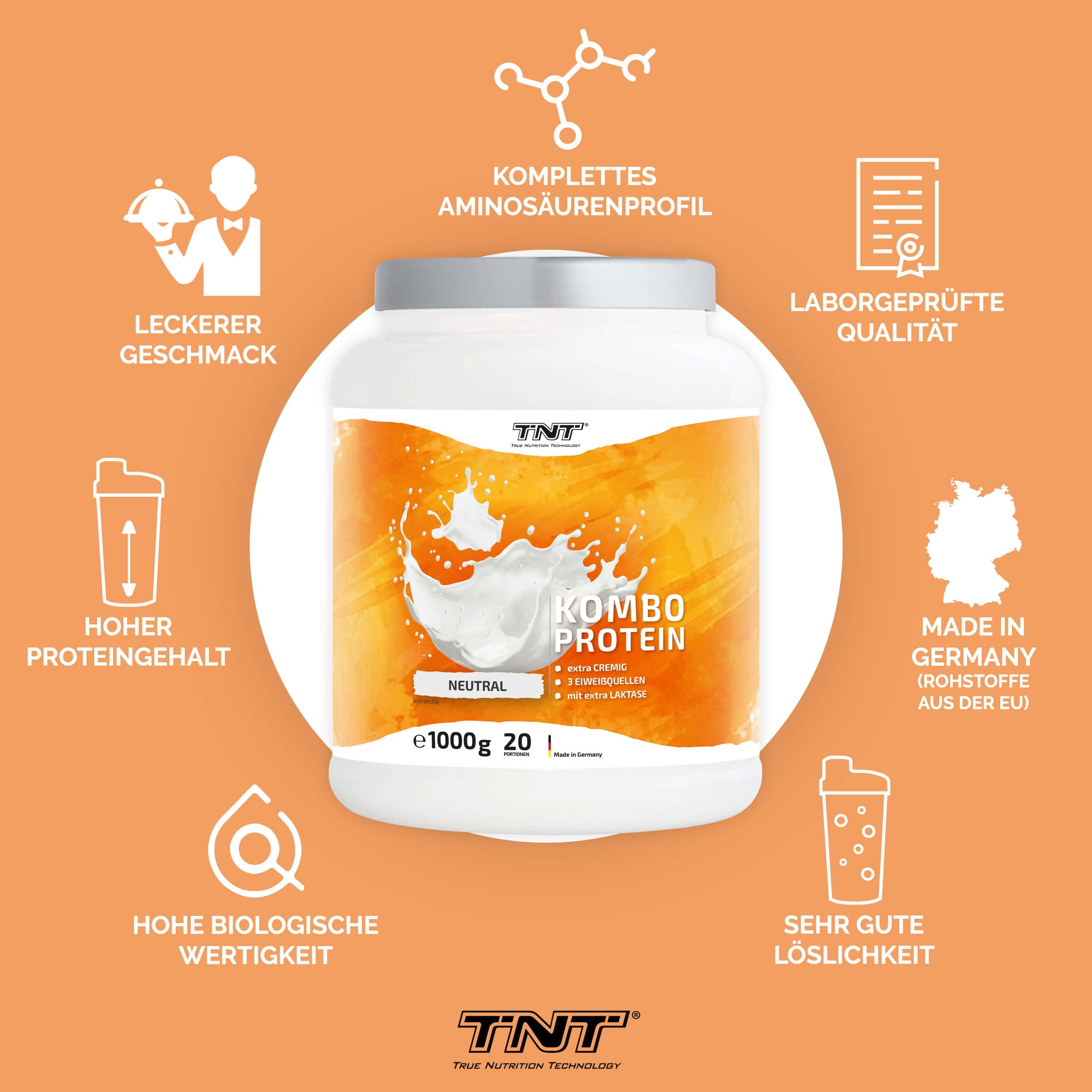 TNT Kombo Protein-Behälter, weiß mit orangefarbenem Hintergrund. Text: Kombo Protein, Neutral, e1000g. Grafiken: Aminosäurenprofil, Laborgeprüfte Qualität.