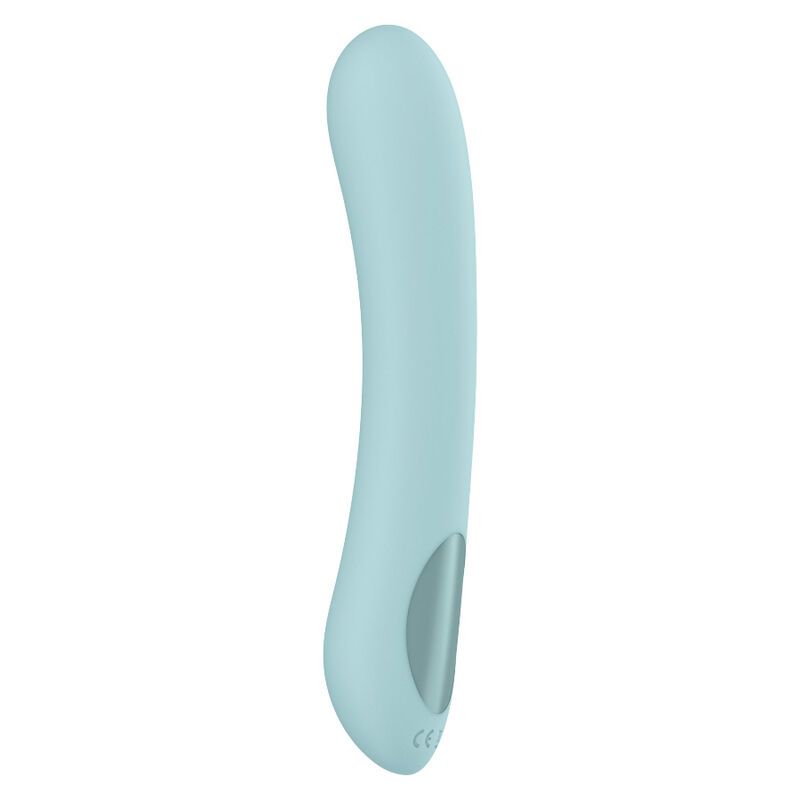 Hellblauer Vibrator mit geschwungener Form und silbernem Akzent.