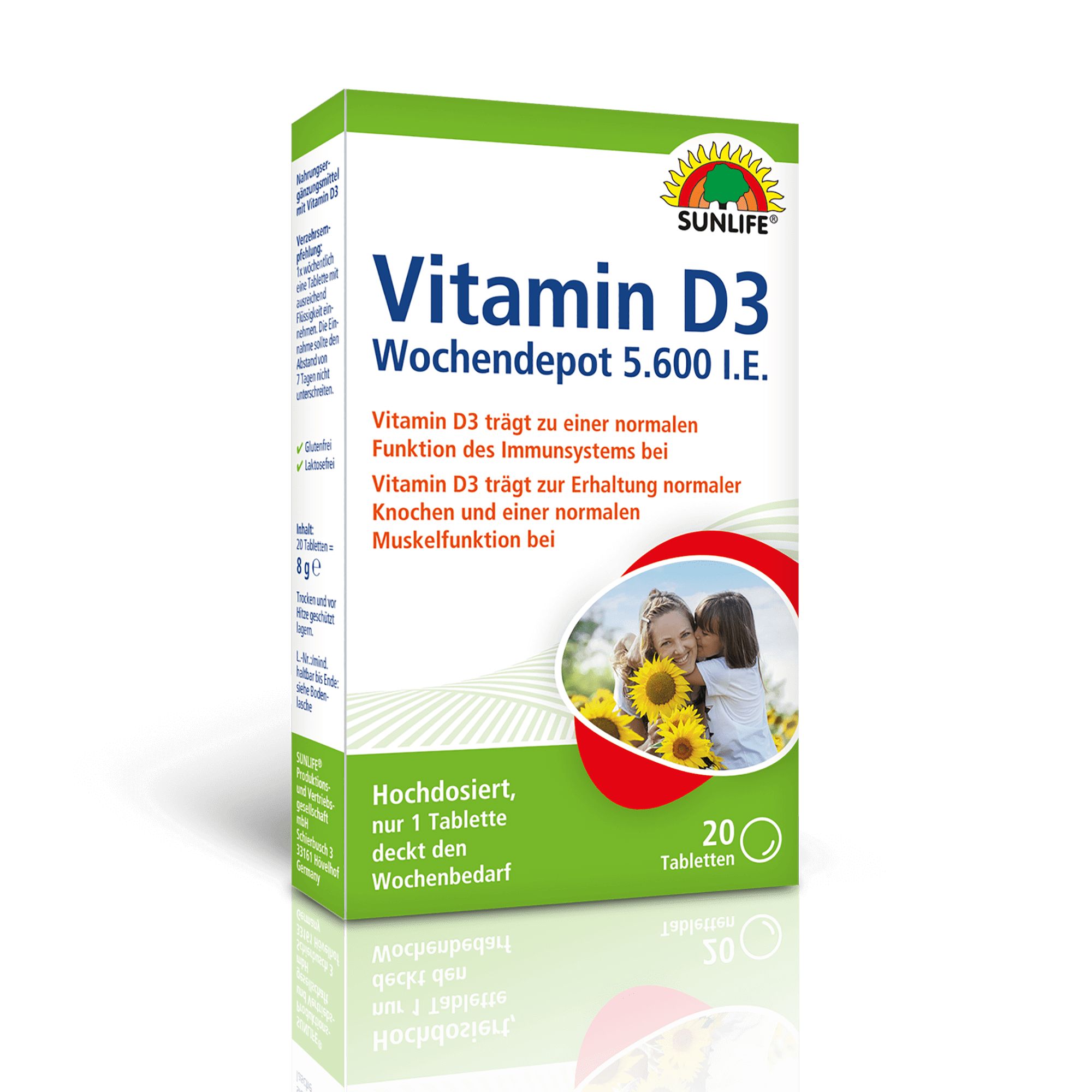 SUNLIFE Vitamin D3 Wochendepot Packung. Grün-weiß, Produktname und Logo. Enthält 20 Tabletten. Bild einer Frau und Kind mit Sonnenblumen.