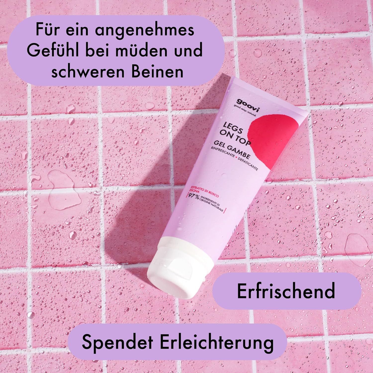Rosa Tube auf rosa Fliesen. Text: Legs On Top, Gel Gambe. Zusätzlicher Text: Erfrischend, Spendet Erleichterung. Logo sichtbar.