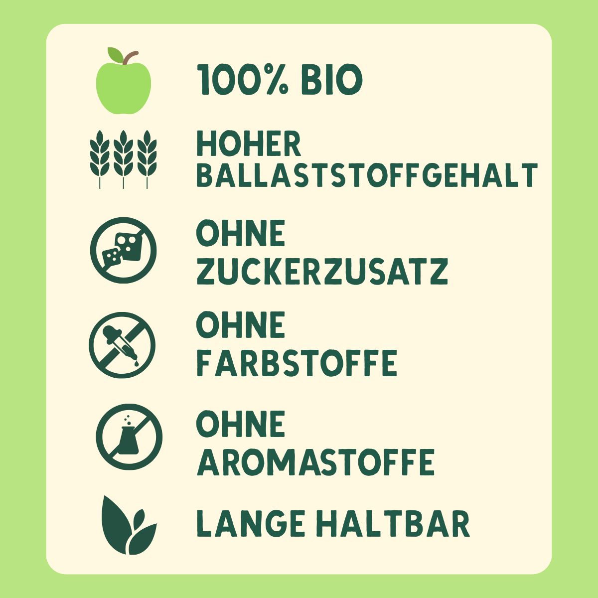 Grünes Etikett mit weißen Texten und Symbolen. Enthält Informationen wie "100% BIO", "Ohne Zuckerzusatz" und "Lange haltbar".