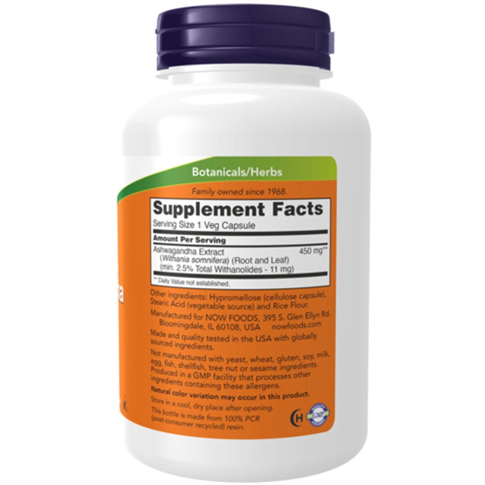 Rückseite der weißen Flasche. Aufschrift: Supplement Facts, Ashwagandha 450 mg. Orangefarbenes Etikett mit Inhaltsangaben. Grüner Aufkleber.