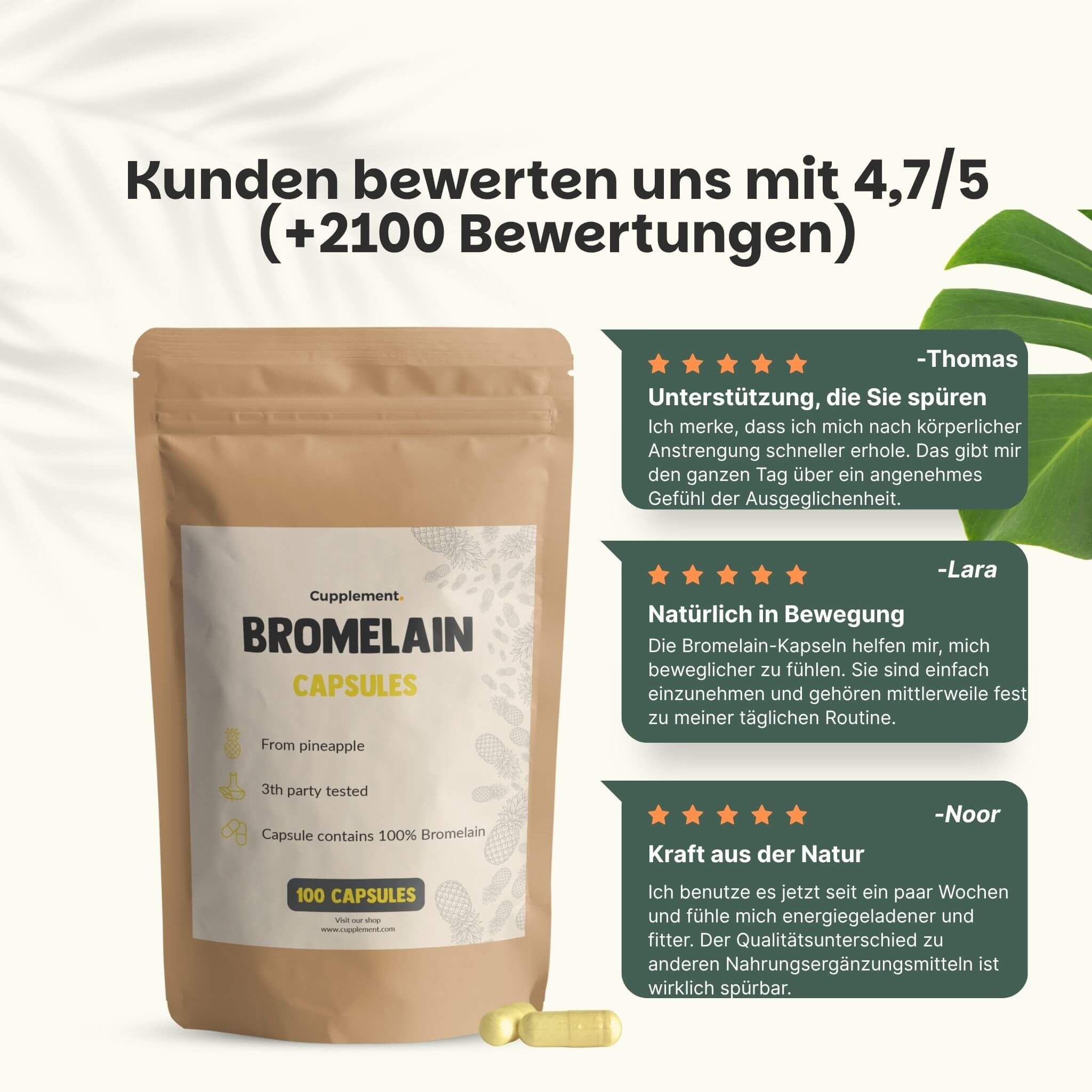 Beutel mit Bromelain-Kapseln und Kundenbewertungen. Text: Bromelain Capsules, 100 Kapseln. Kundenbewertung 4.7/5.
