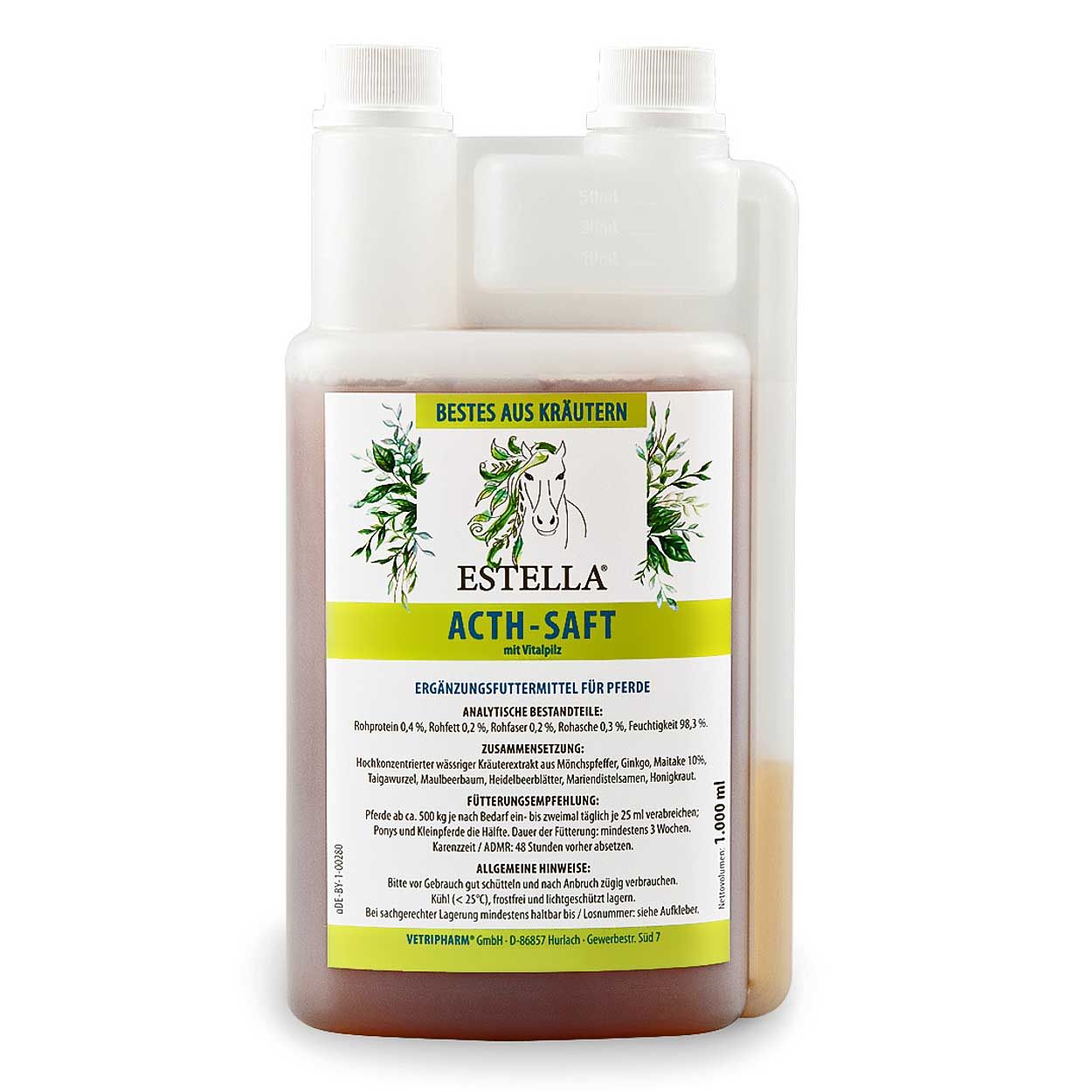 ESTELLA ACTH-Saft, Ergänzungsfuttermittel für Pferde, 1.000 ml Flasche mit Kräutermotiv.