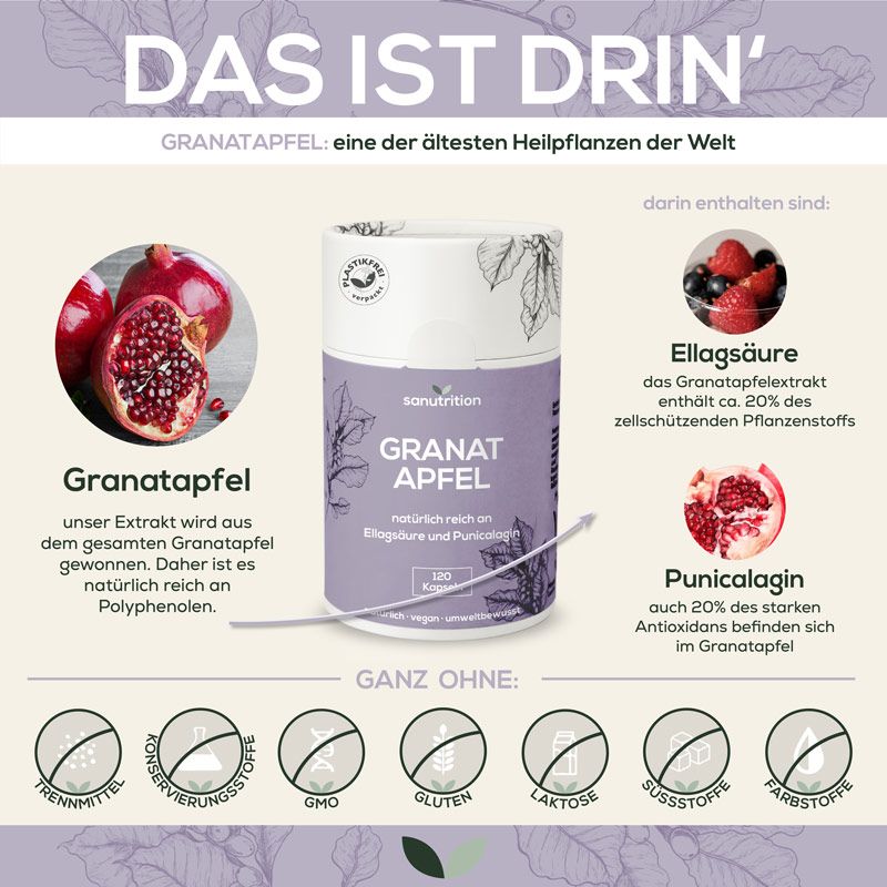 Infografik mit 'Sanutrition Granatapfel'. Abbildungen von Granatapfel, Inhaltsstoffen und 'Ganz ohne' Icons. Textliche Erläuterungen.