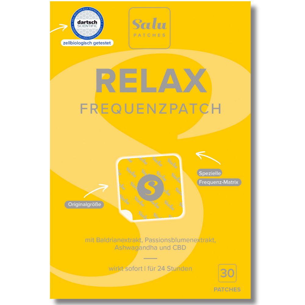 Gelbe Verpackung mit Produktnamen RELAX FREQUENZPATCH. Enthält 30 Patches. Mit Baldrianextrakt, Passionsblumenextrakt, Ashwagandha und CBD.