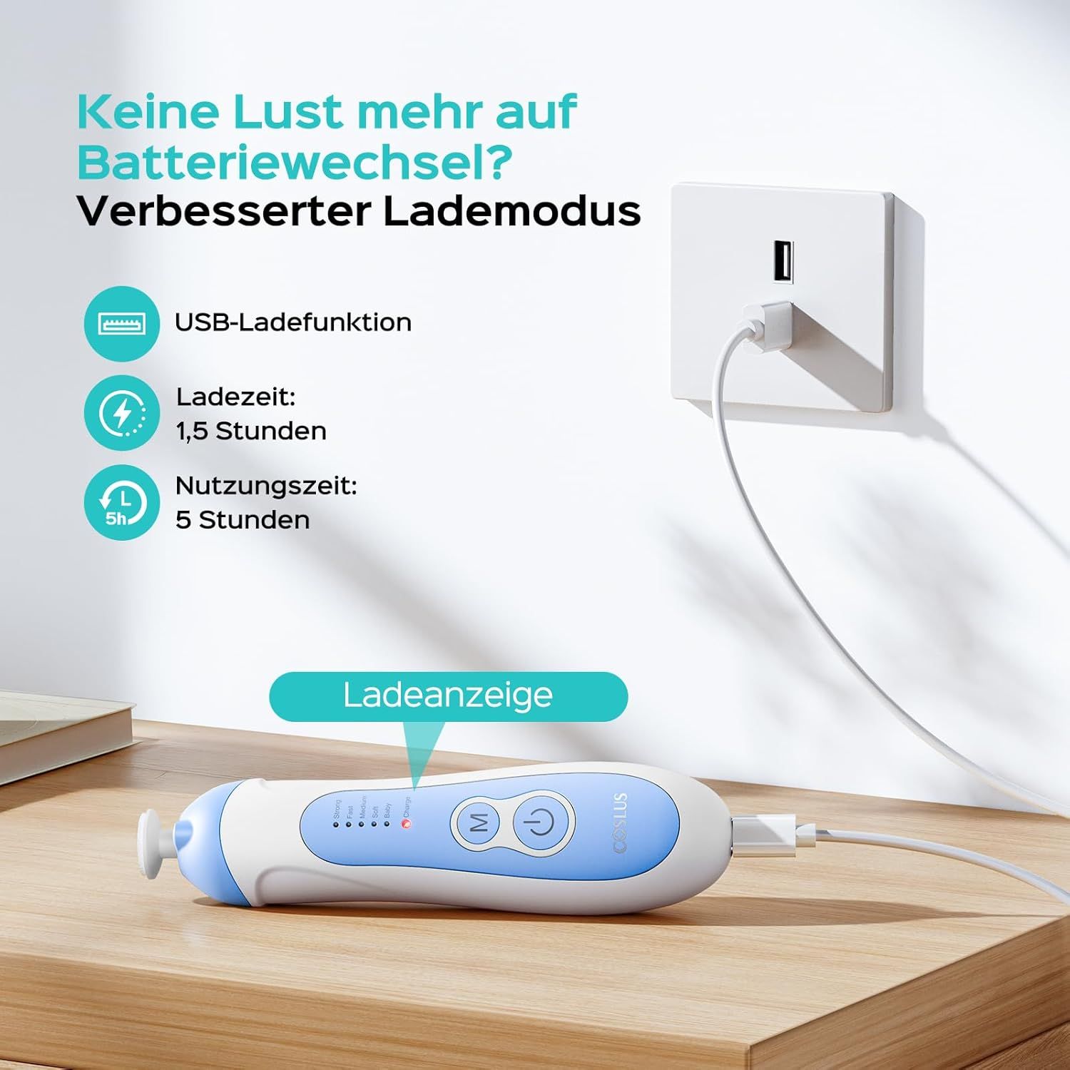 Elektrische Nagelfeile, blau-weiß, auf Tisch. USB-Ladefunktion. Ladeanzeige. Ladezeit: 1,5 Stunden. Nutzungszeit: 5 Stunden.