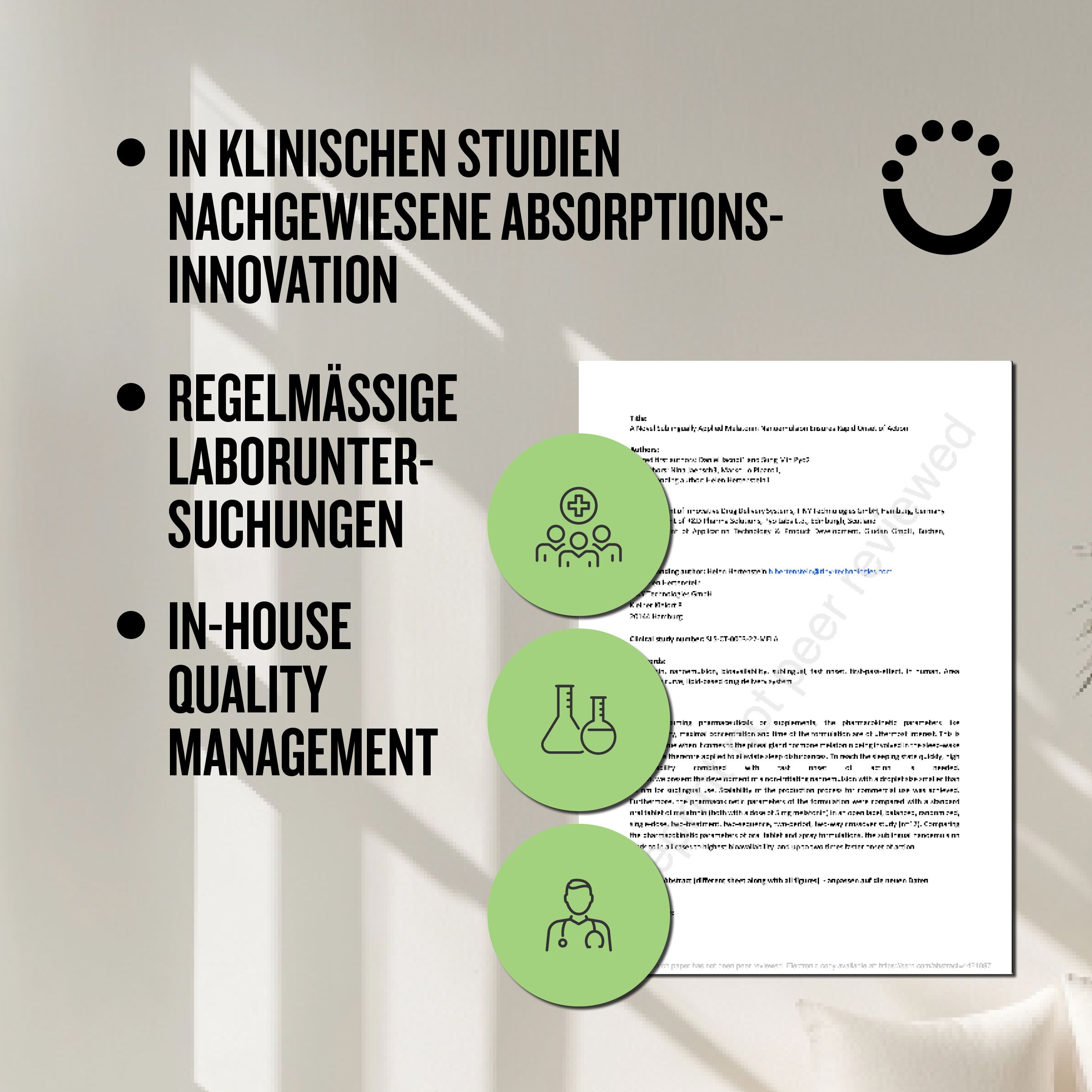 Text mit Informationen zu klinischen Studien, Laboruntersuchungen und Qualitätsmanagement. Grafiken mit Symbolen.