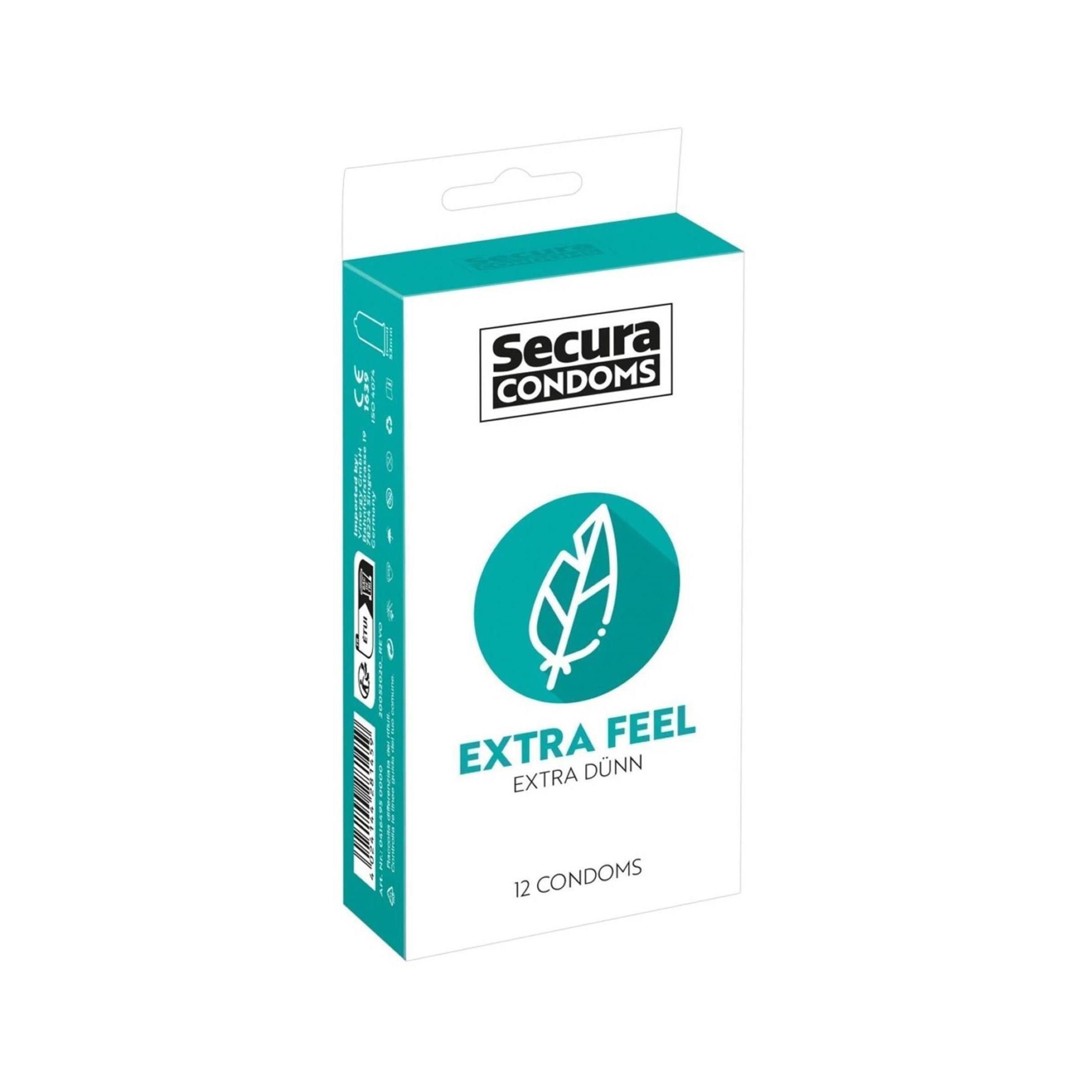 Schachtel mit Secura Condoms. Aufschrift Extra Feel, 12 Kondome.