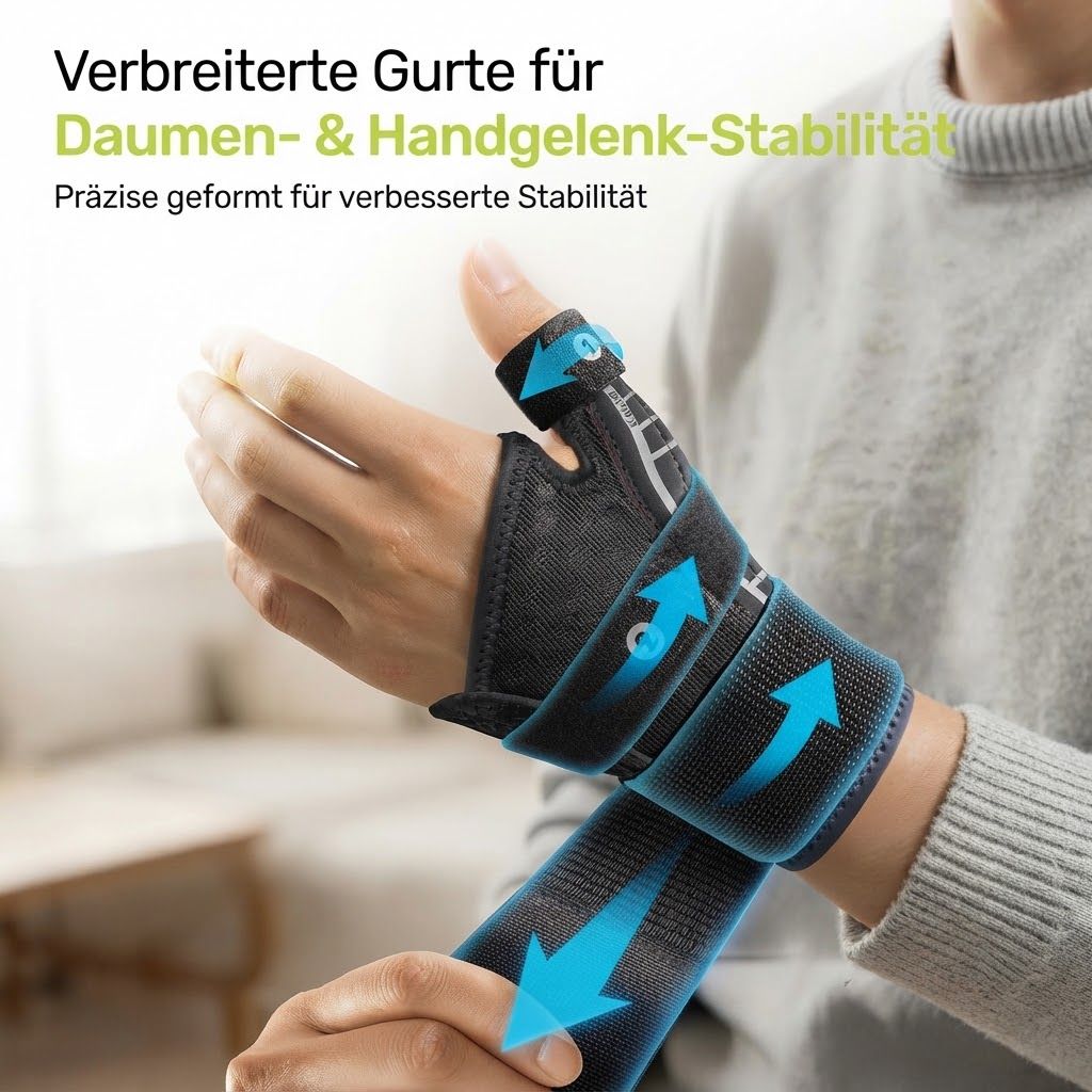 Handgelenkbandage mit breiten Gurten für Daumen- und Handgelenkstabilität.
