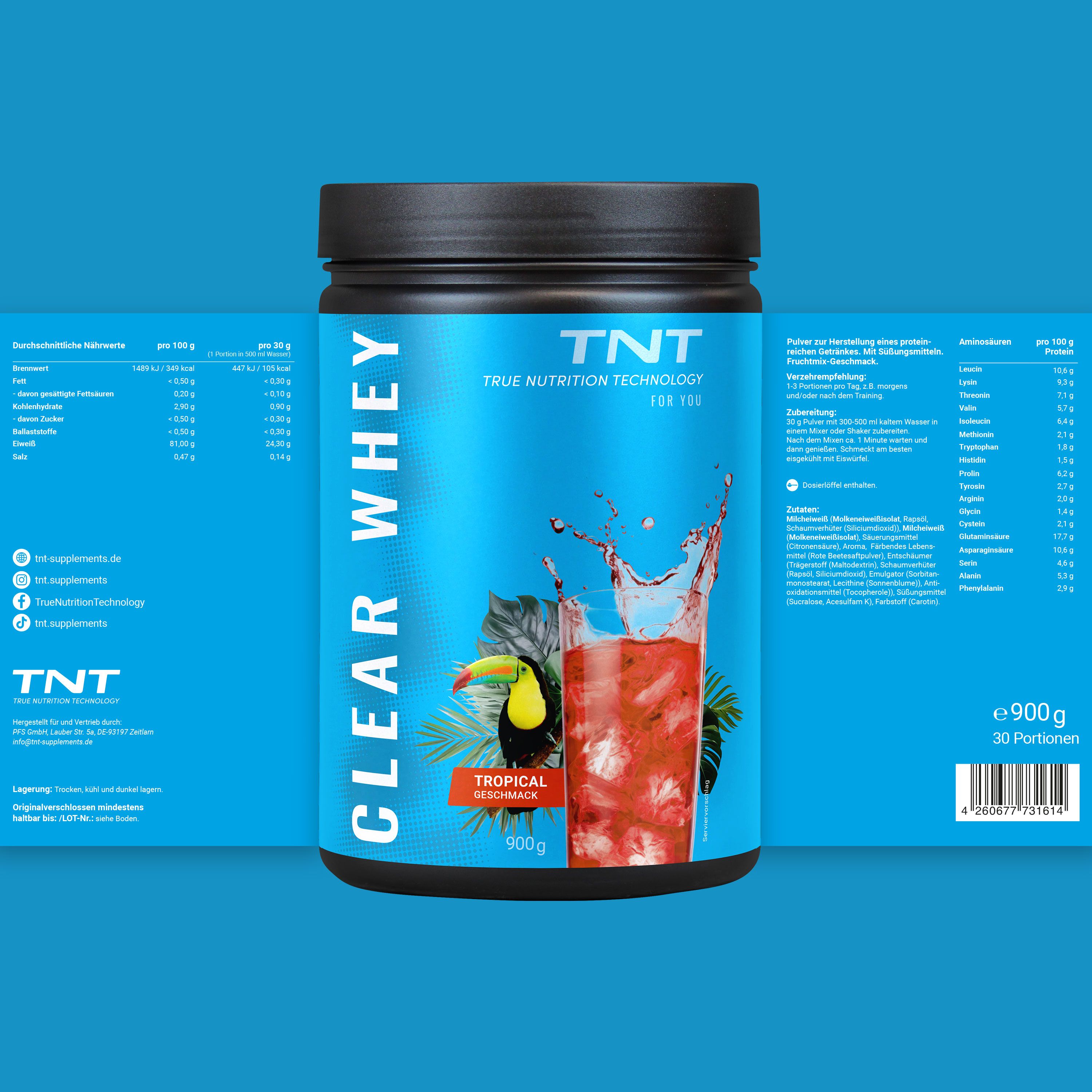 Dose TNT CLEAR WHEY mit Nährwertangaben. Aufdruck: 30 Portionen, 900g. Blaues Design mit Logo und Illustration.
