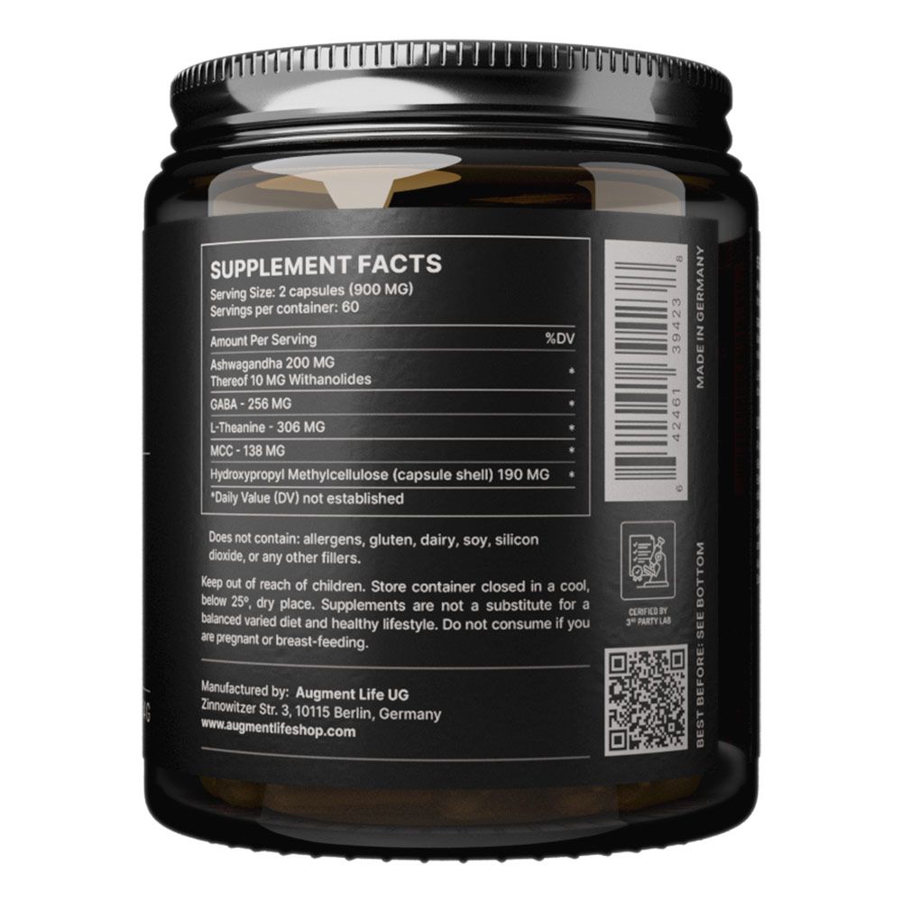Supplement Facts Etikett auf brauner Dose: Enthält Ashwagandha, Theanin, GABA. Hergestellt in Deutschland.