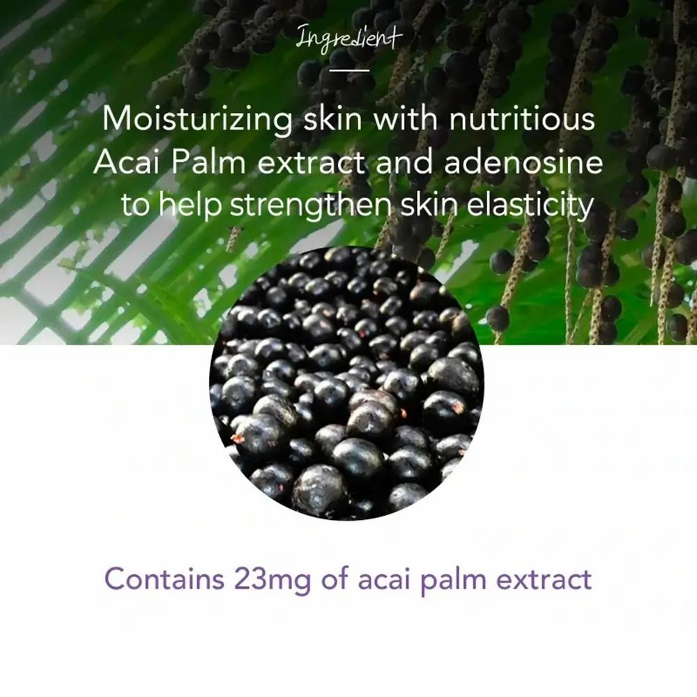 Nahaufnahme von Acai-Beeren. Text: Feuchtigkeitsspendende Haut mit nahrhaftem Acai-Palmenextrakt und Adenosin. Enthält 23 mg Acai-Palmenextrakt.