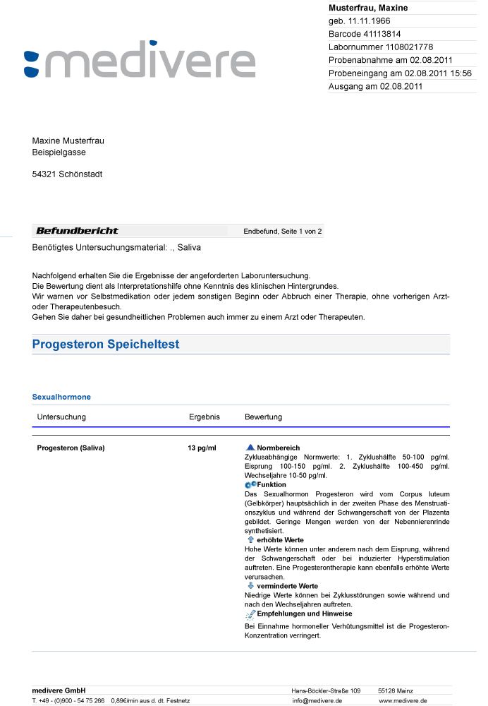 Laborbericht für Progesteron Speicheltest. Enthält Ergebnisse, Bewertung und Informationen zu Sexualhormonen. Mit Patientendaten und Testergebnissen.